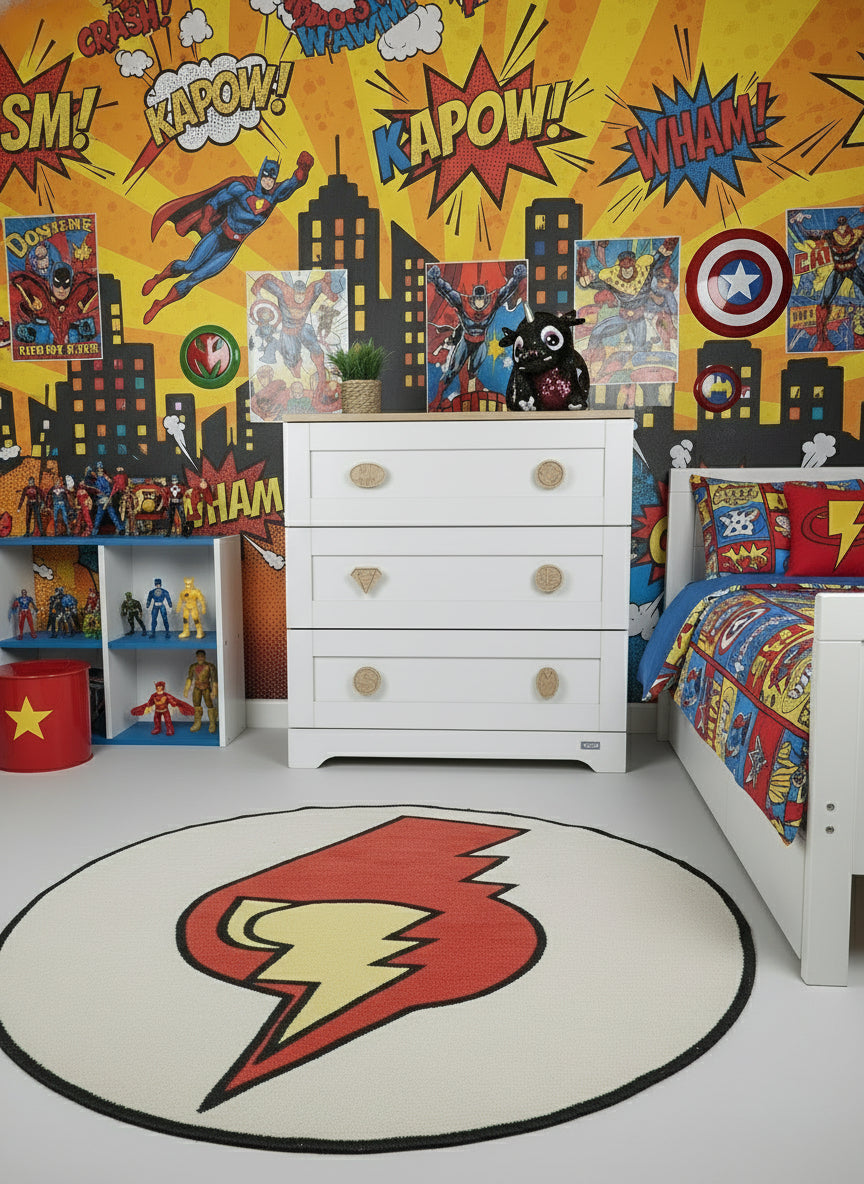 Superhero drawer knobs in kids bedroom - oak handles on furniture lifestyle photo nursery decor