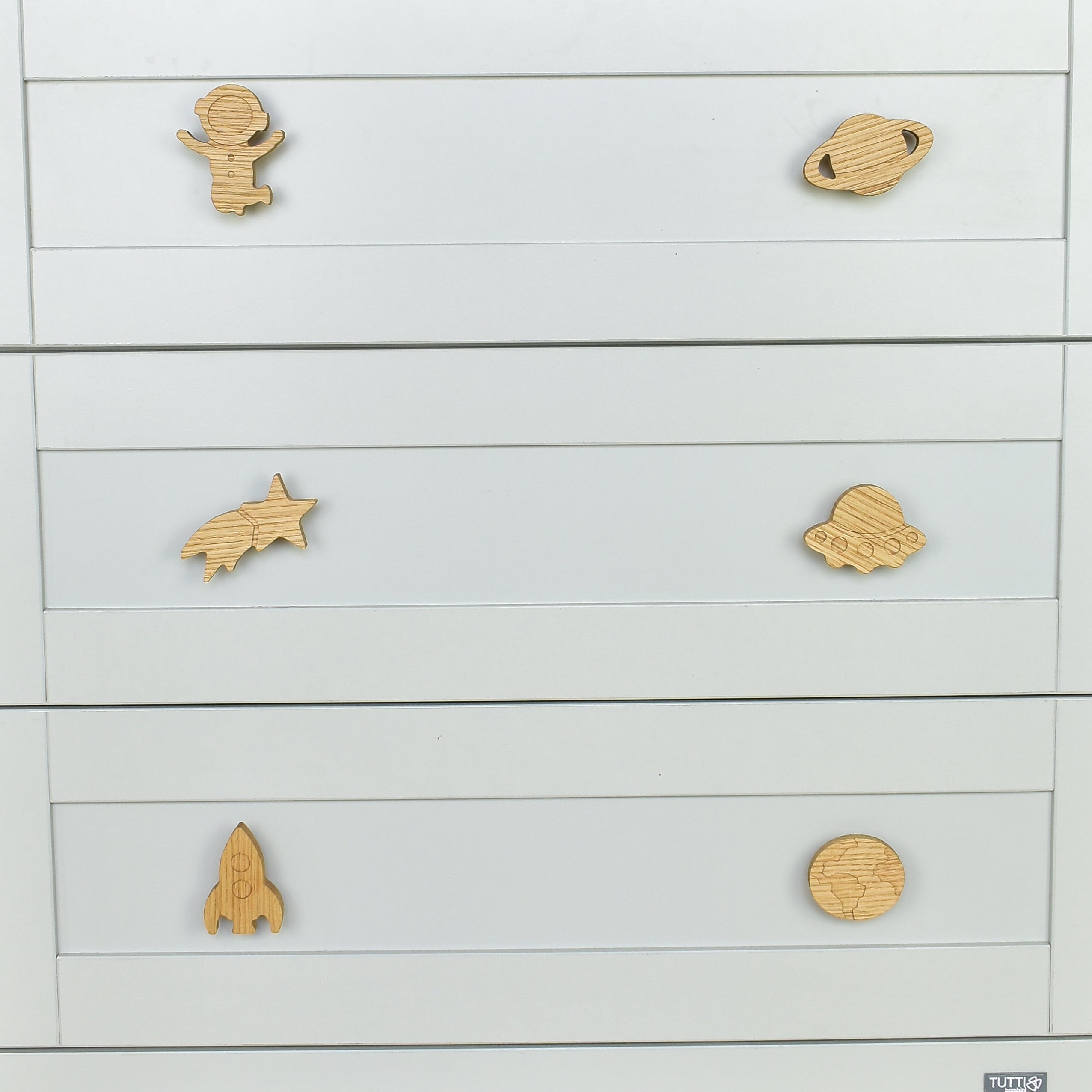 Space drawer knobs close-up front view - Astronaut Planet Shooting star Alien spaceship Rocket Earth