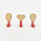 Superhero theme metal wall hooks front view - ironmand superman spiderman wooden hooks for children's room