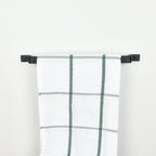 Black towel rail front view with tea towel -industrial bathroom towel holder