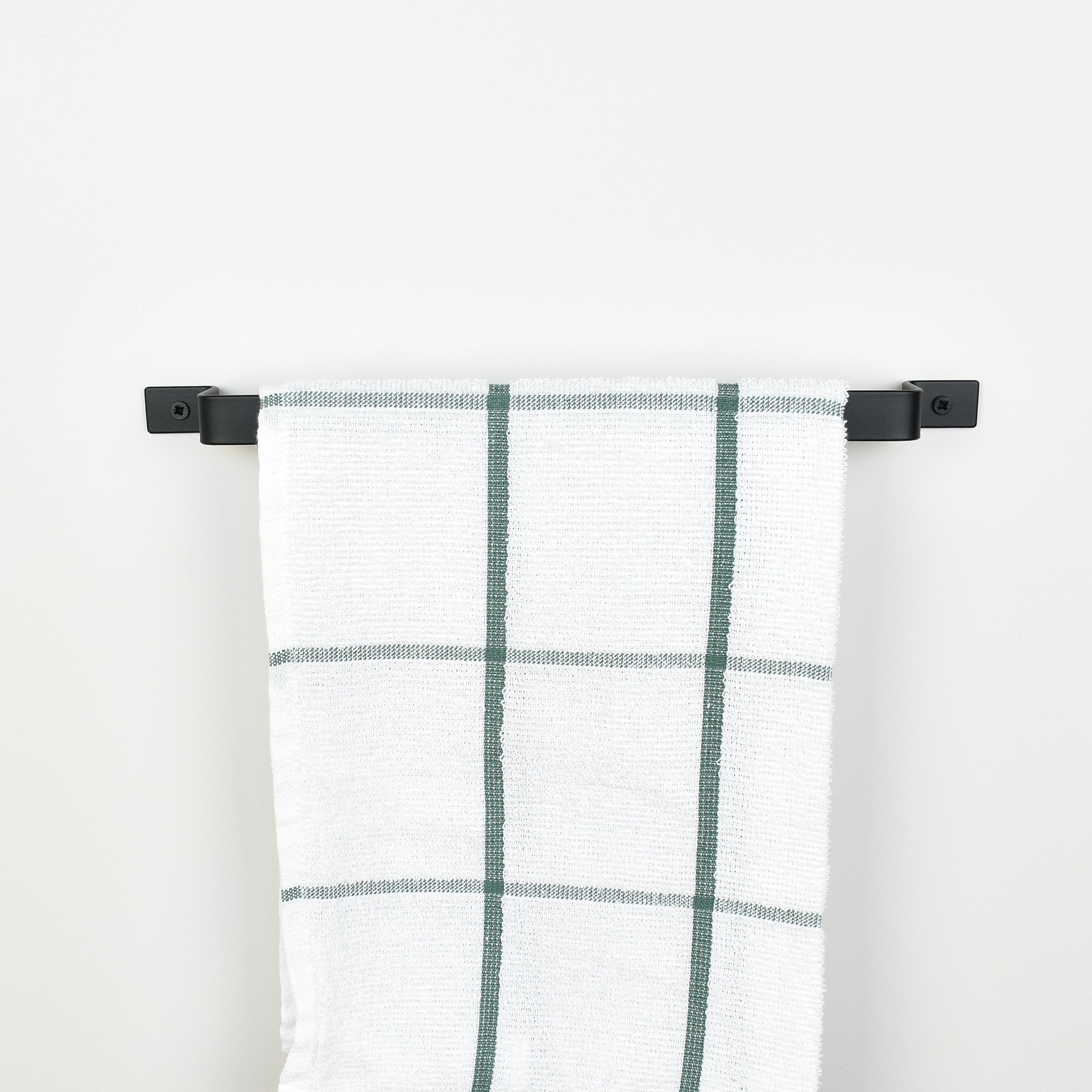 Black towel rail front view with tea towel -industrial bathroom towel holder