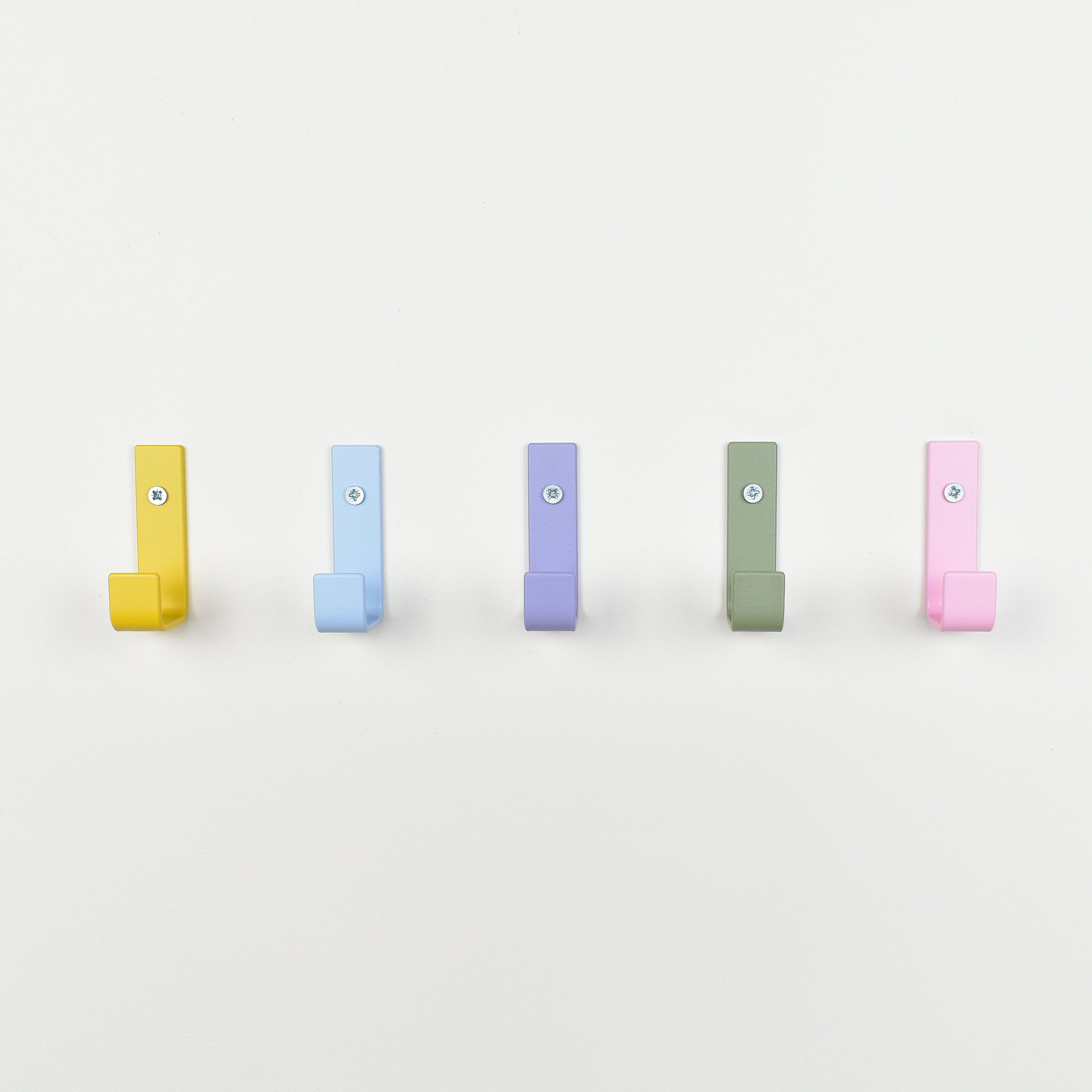 Colourful steel wall hooks front view - 5 colours coat hooks for kids nursery hallway