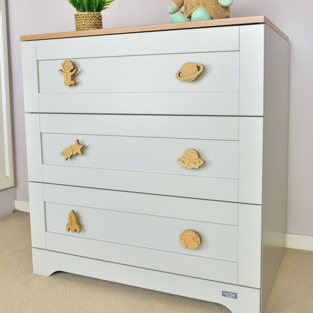 Space drawer knobs right angle - Astronaut Planet Shooting star Alien spaceship Rocket Earth wooden handles