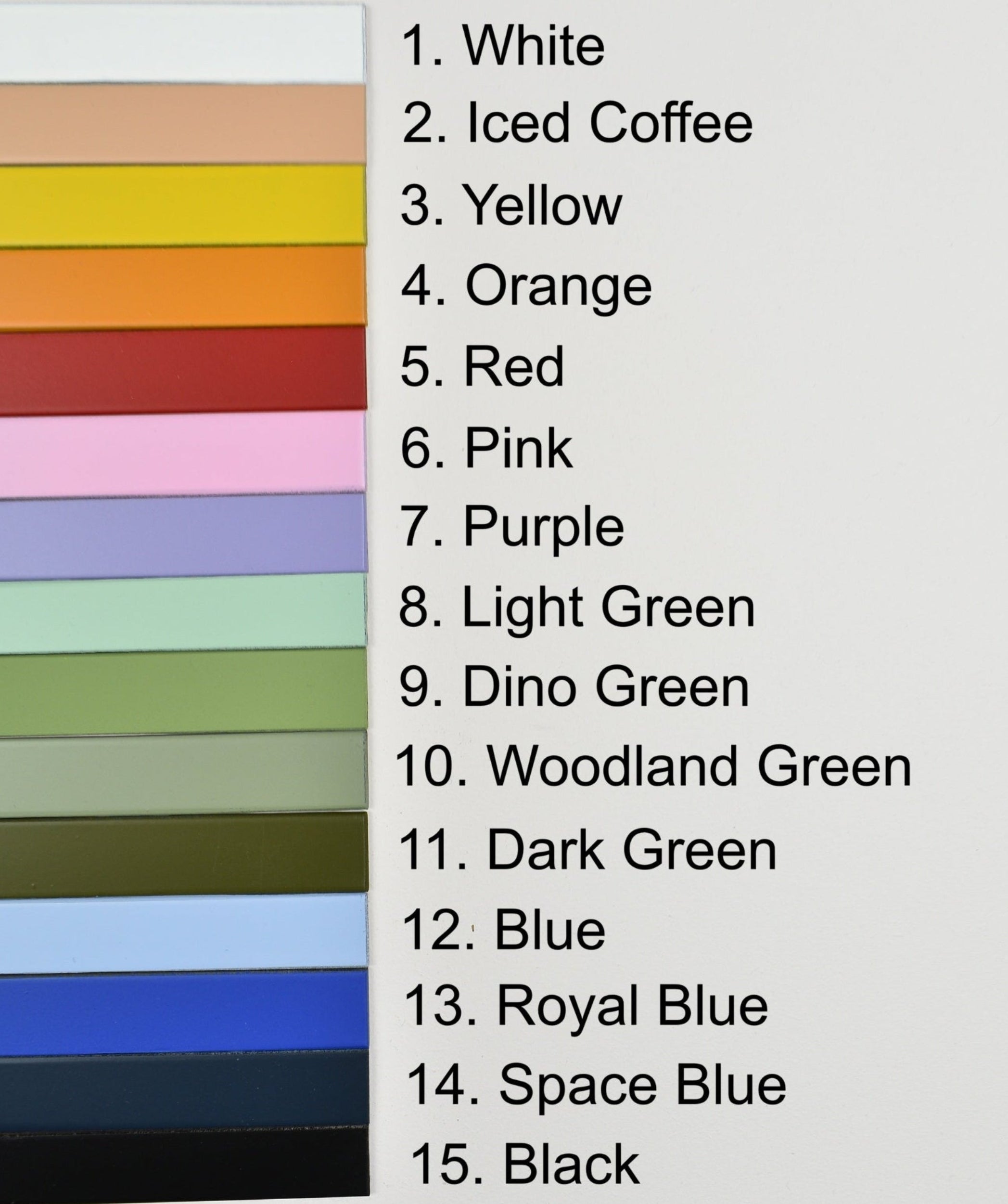 Colour chart with text labels on a grey background