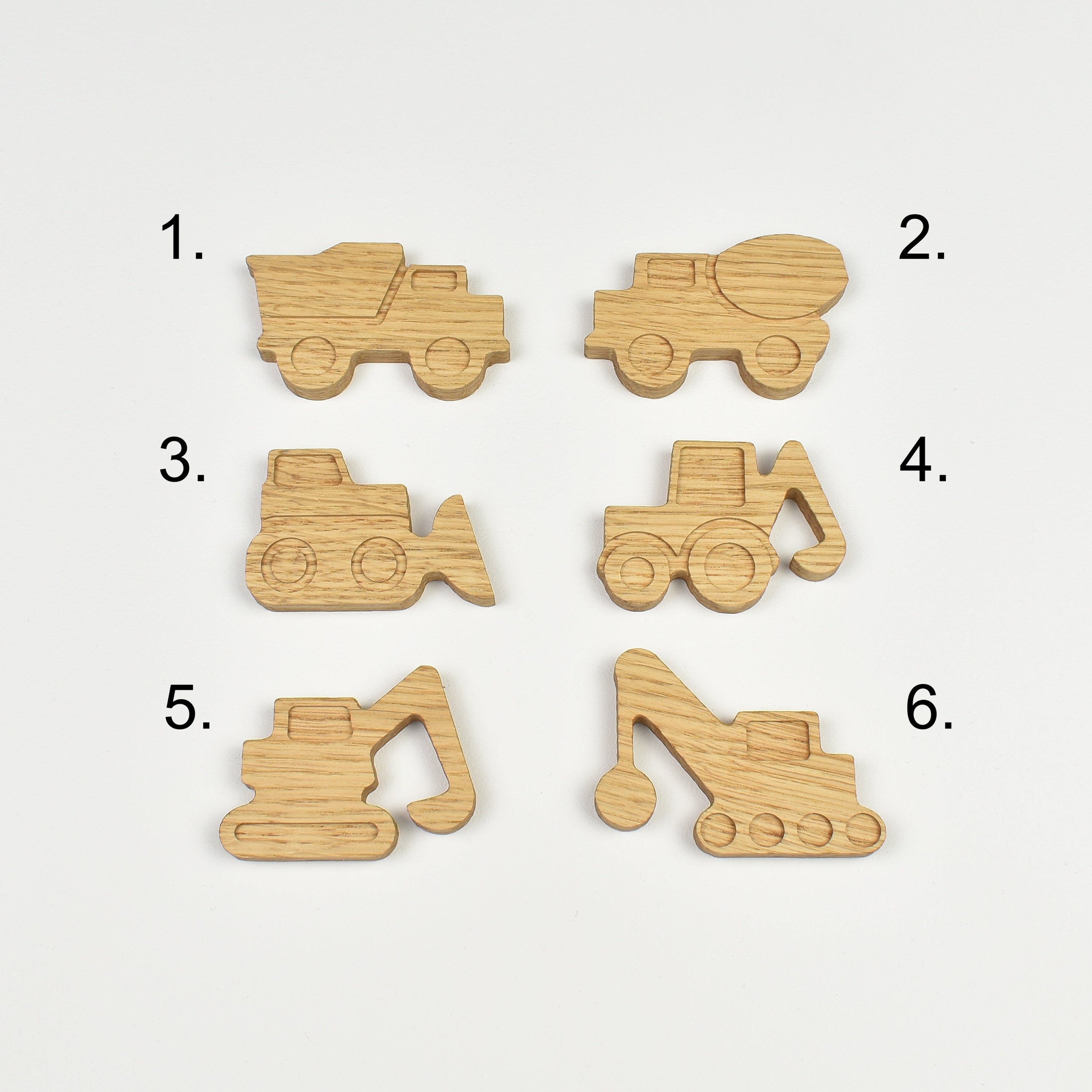 Construction vehicle wall hooks - 6 designs numbered reference guide dump truck cement lorry bulldozer tractor excavator crain
