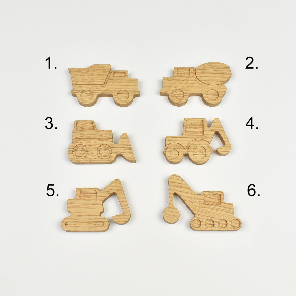 Construction vehicle drawer knobs - 6 designs numbered reference guide Dump truck Cement truck Bulldozer Tractor Excavator Crane