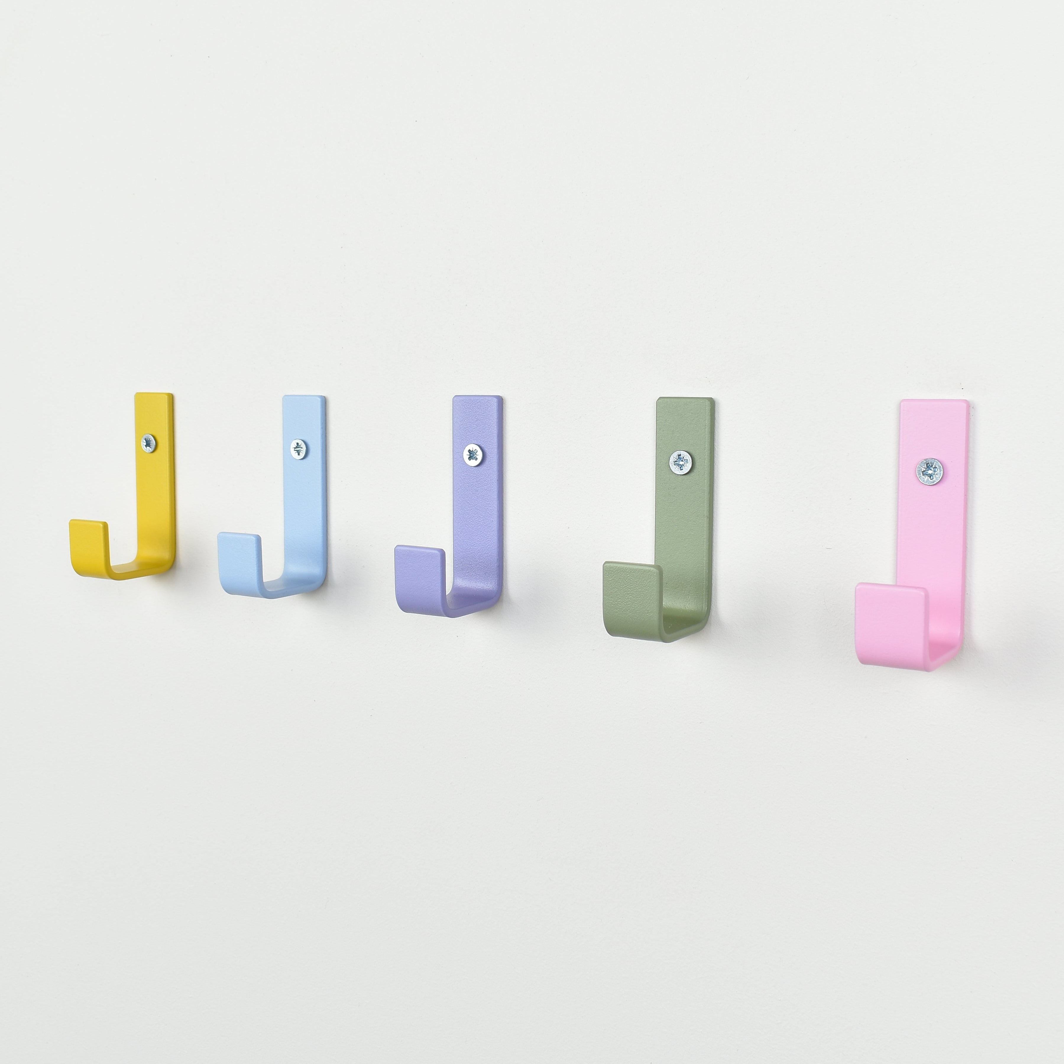 Colourful steel wall hooks right view - 5 colours coat hooks for kids nursery hallway