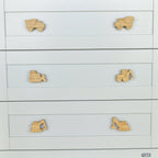 Construction vehicle drawer knobs close-up front view - Dump truck Cement truck Bulldozer Tractor Excavator Crane