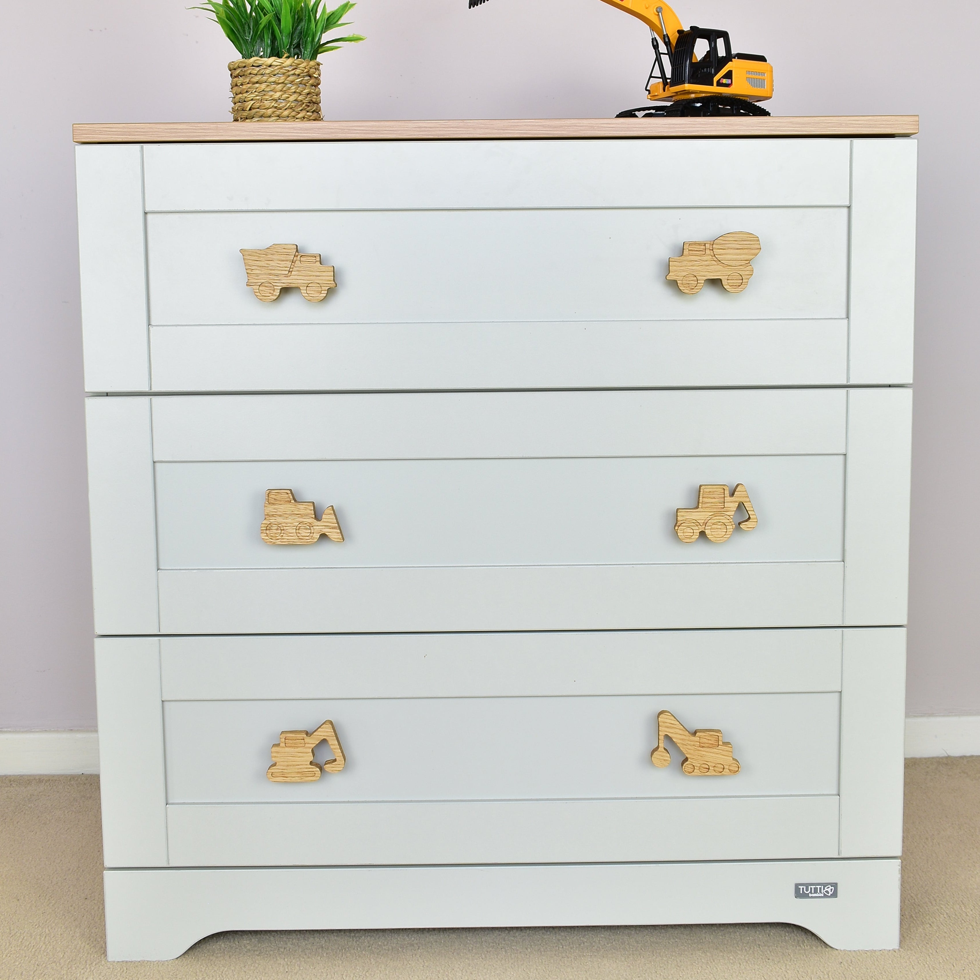 Construction vehicle drawer knobs front view - Dump truck Cement truck Bulldozer Tractor Excavator Crane oak nursery decor