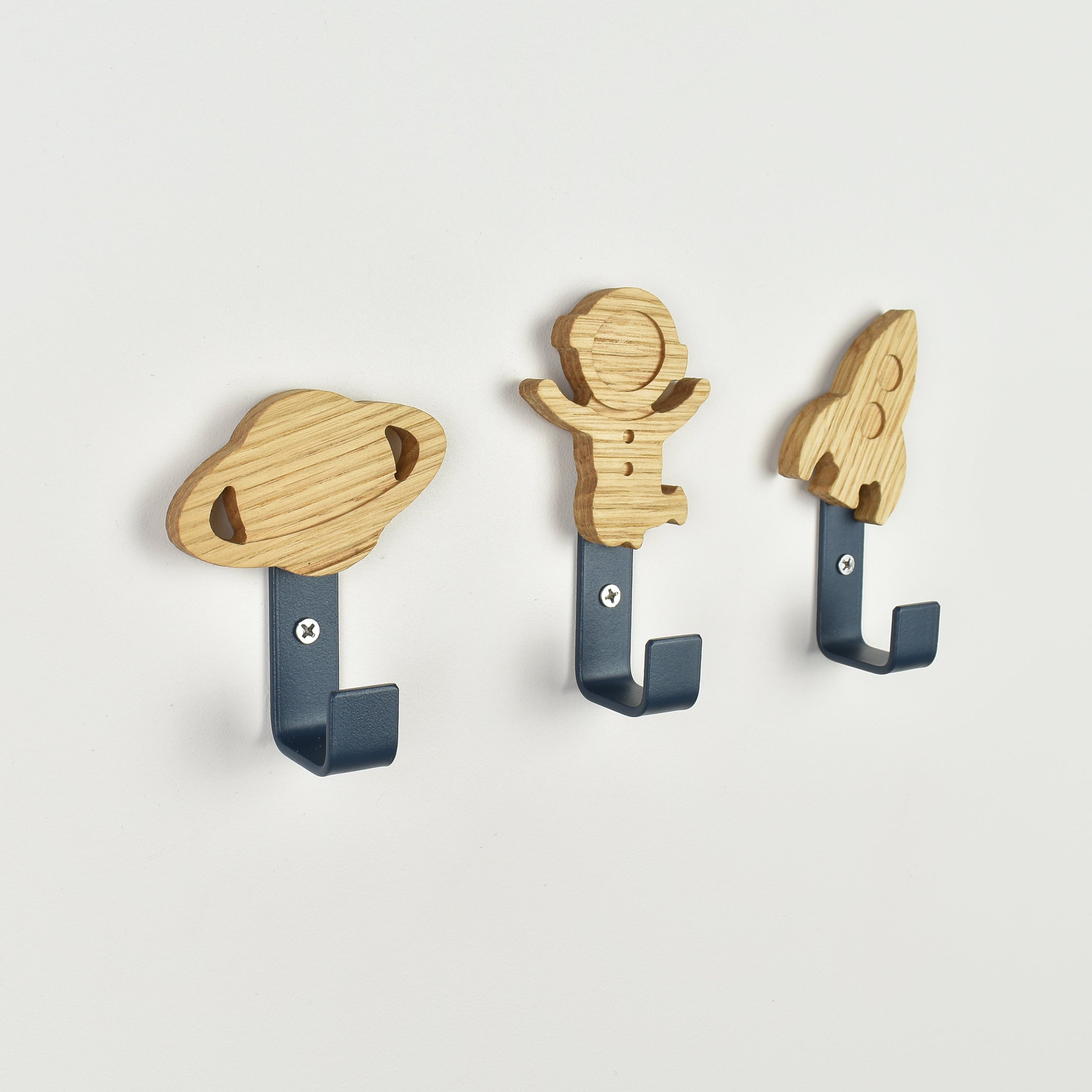 Space wall hooks side angle - saturn planet astronaut rocket oak bedroom decor
