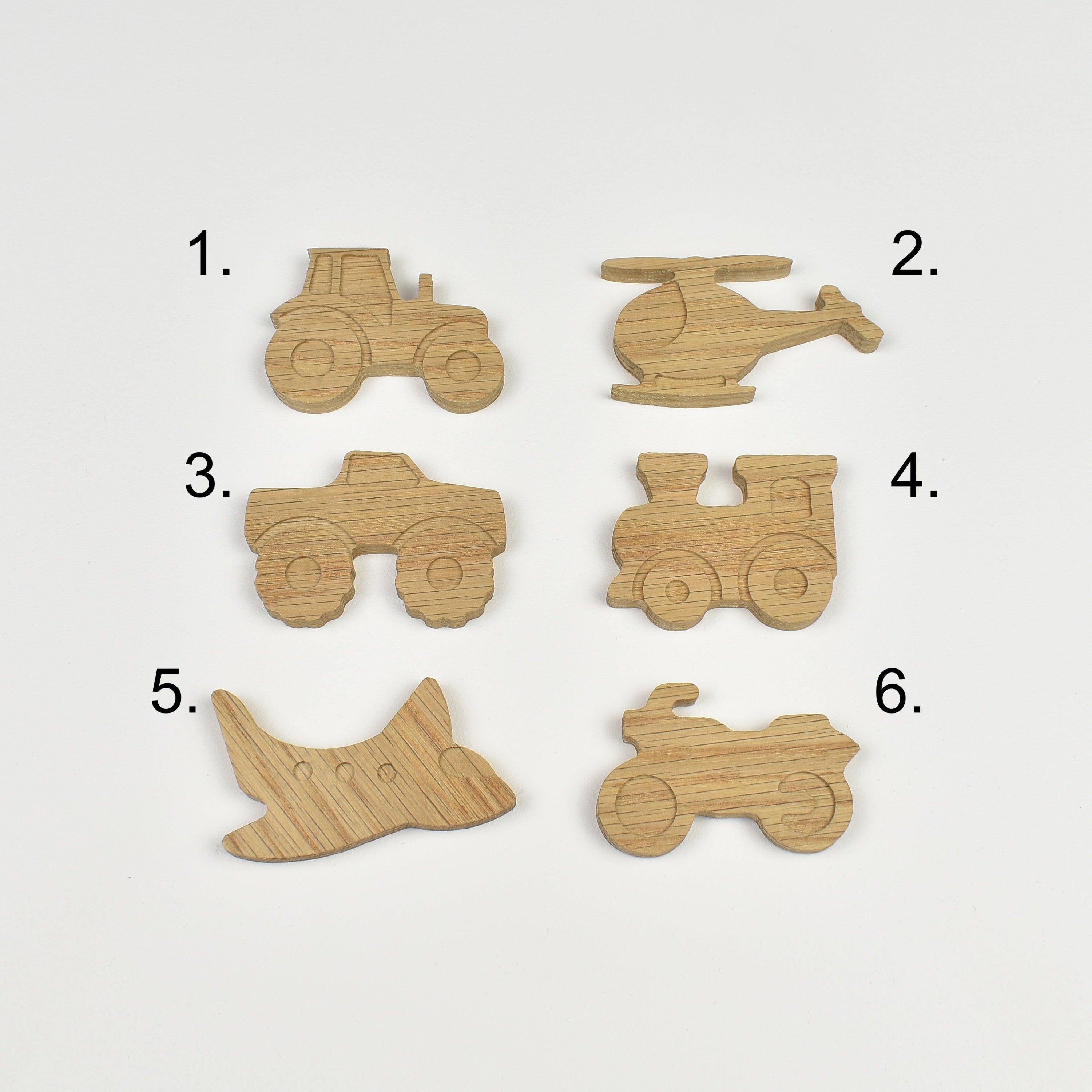 Vehicle oak drawer handles design chart - numbered selection guide tractor helicopter monster truck train aeroplane motorbike choose your design