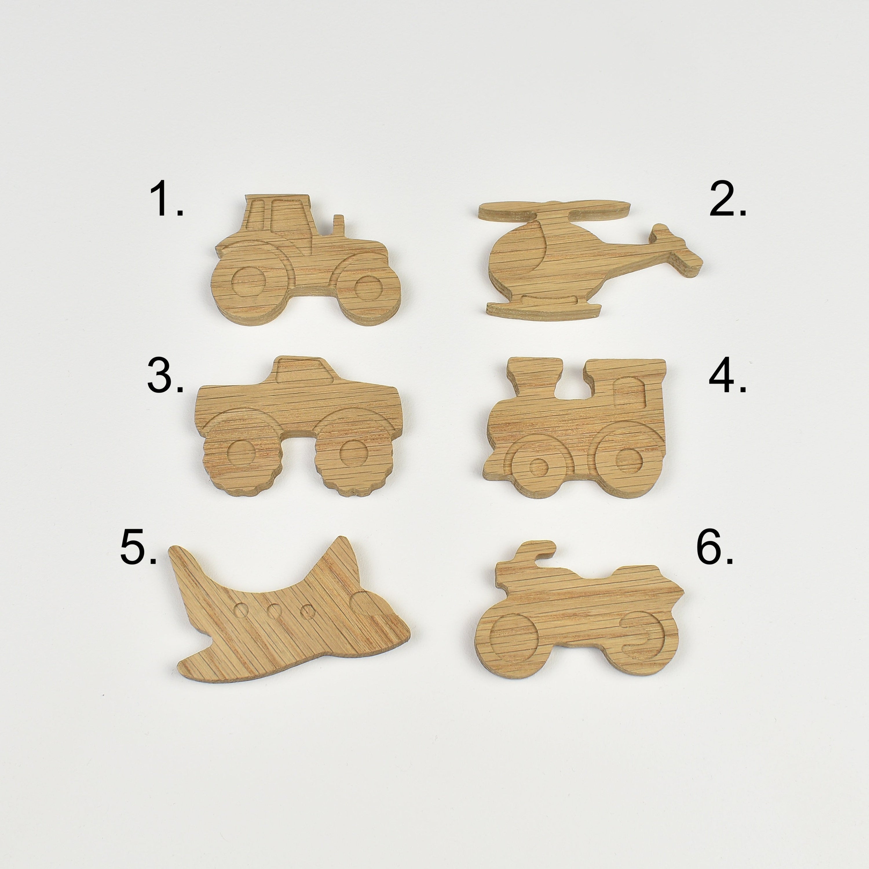 Vehicle wall hooks - 6 designs numbered reference guide tractor helicopter monster truck train airplane motorbike 