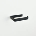 Matt black steel toilet roll holder showing fixing left angle bathroom hardware