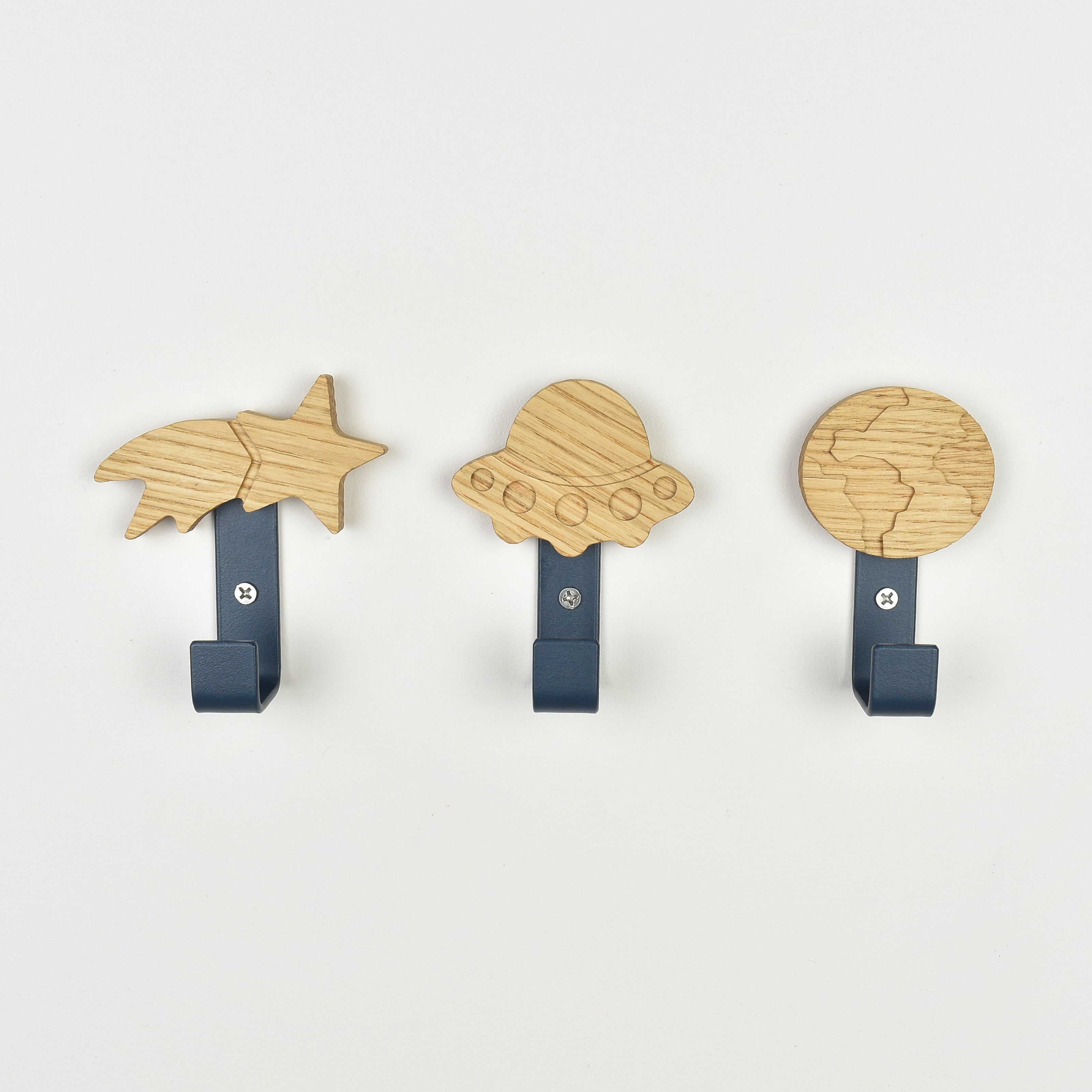 Space wall hooks front view - shooting star alien ship earth wooden children's bedroom hooks