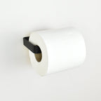 Black metal toilet paper holder left view showing toilet roll in place