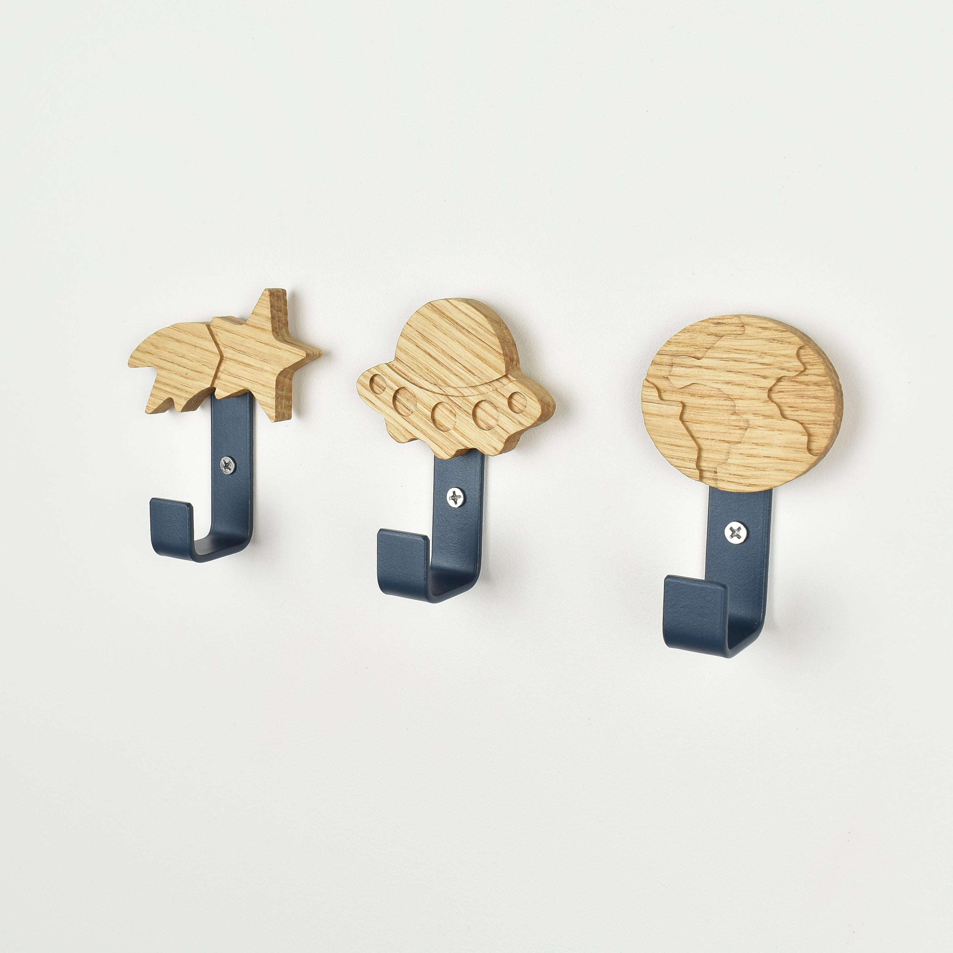 Space wall hooks - shooting star alien ship earth oak nursery hooks for kids