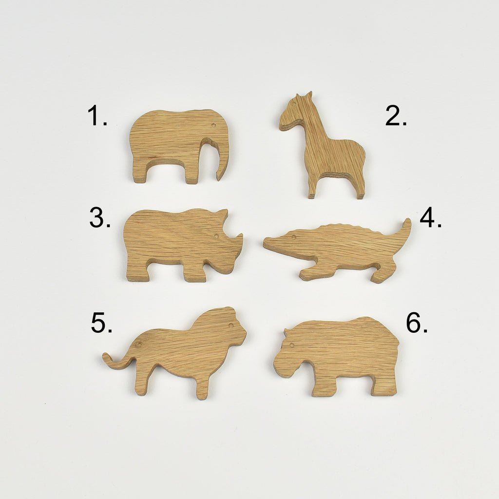 Safari animal drawer knobs - 6 designs numbered reference guide Elephant Giraffe Rhino Crocodile Lion Hippo