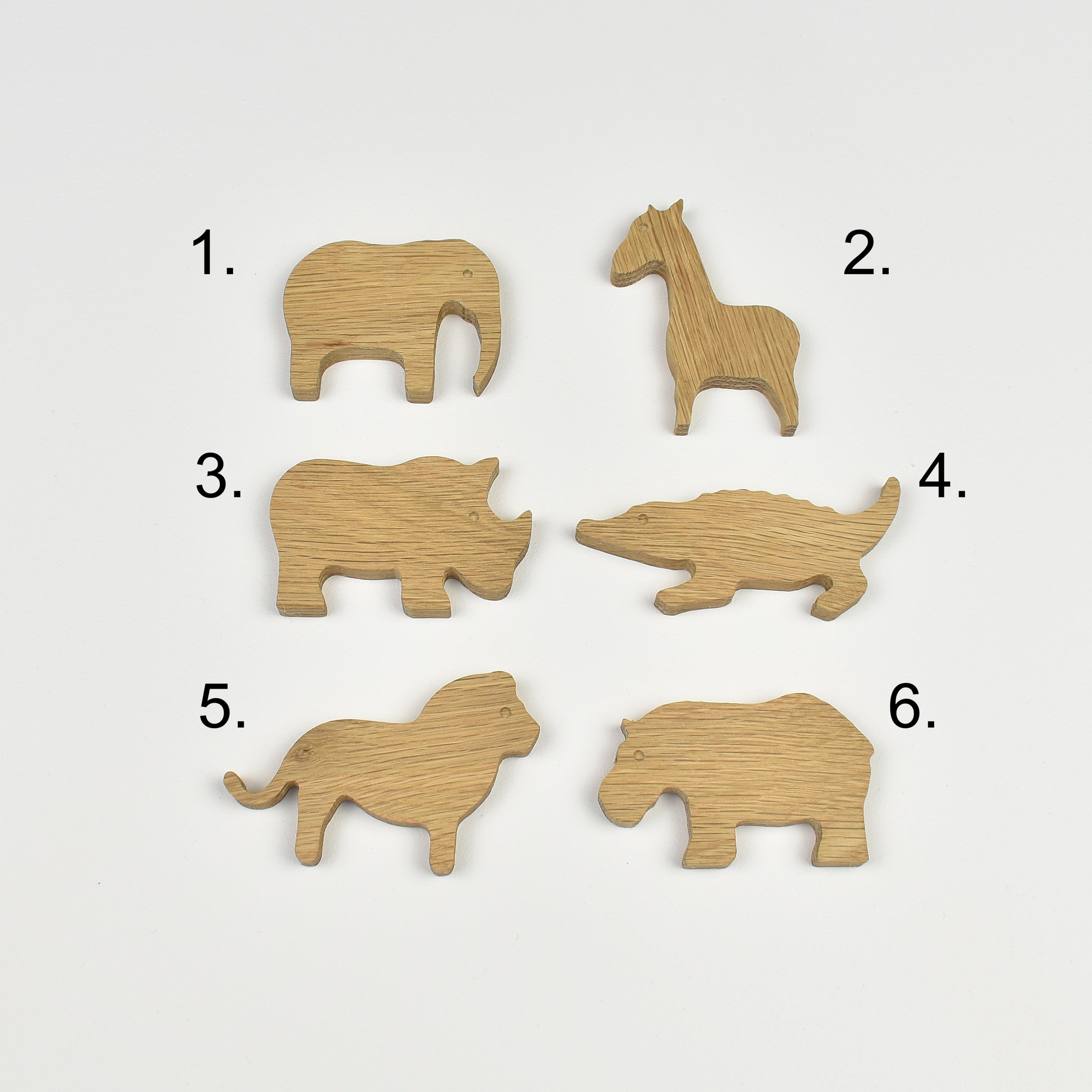 Safari animal drawer knobs - 6 designs numbered reference guide Elephant Giraffe Rhino Crocodile Lion Hippo