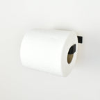Black steel toilet paper holder right view showing toilet paper roll 