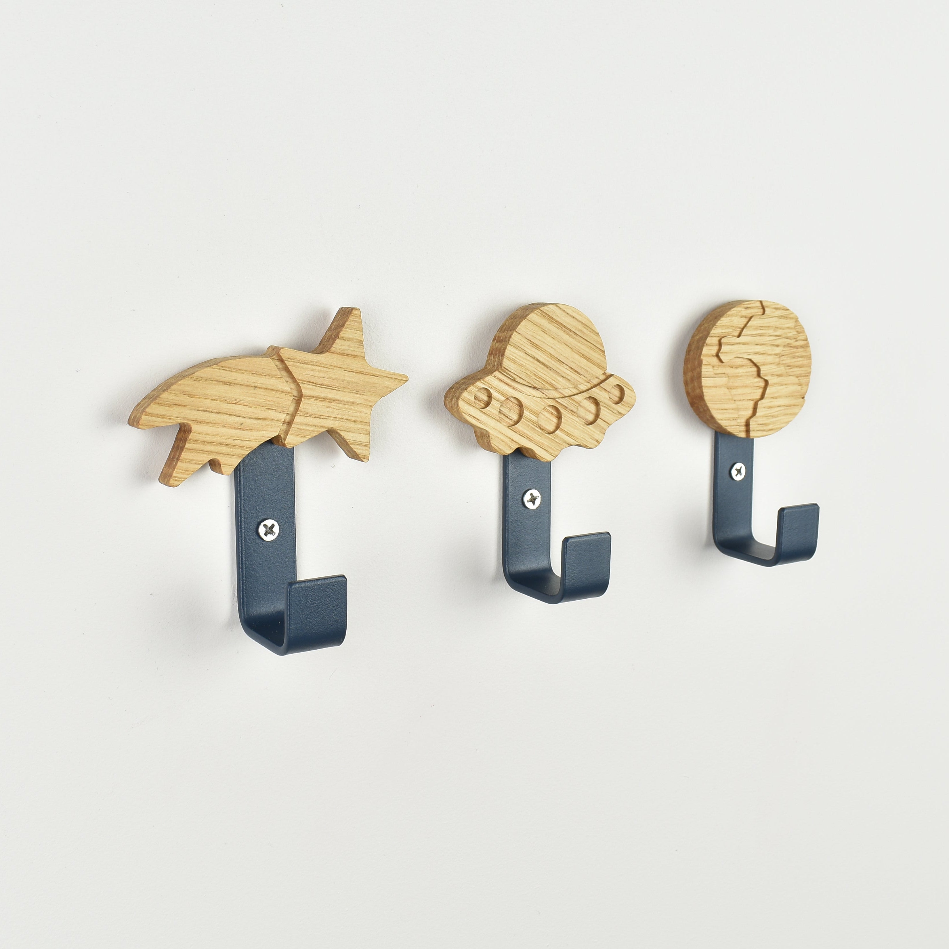 Space wall hooks side angle - shooting star alien space ship earth oak nursery decor