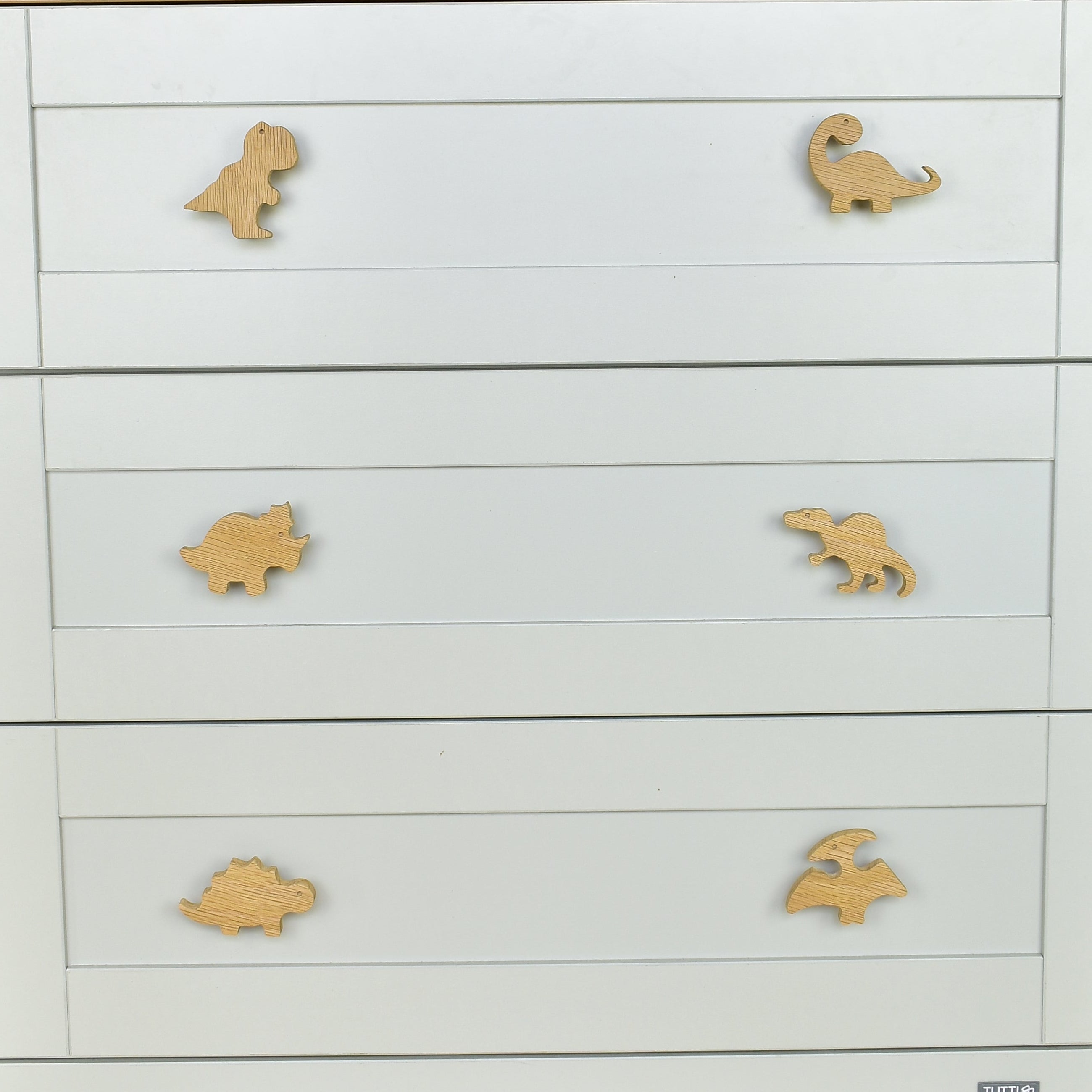 Dinosaur drawer knobs close-up front view - T-rex Brachiosaurus Triceratops Spinosaurus Stegosaurus Pterodactyl