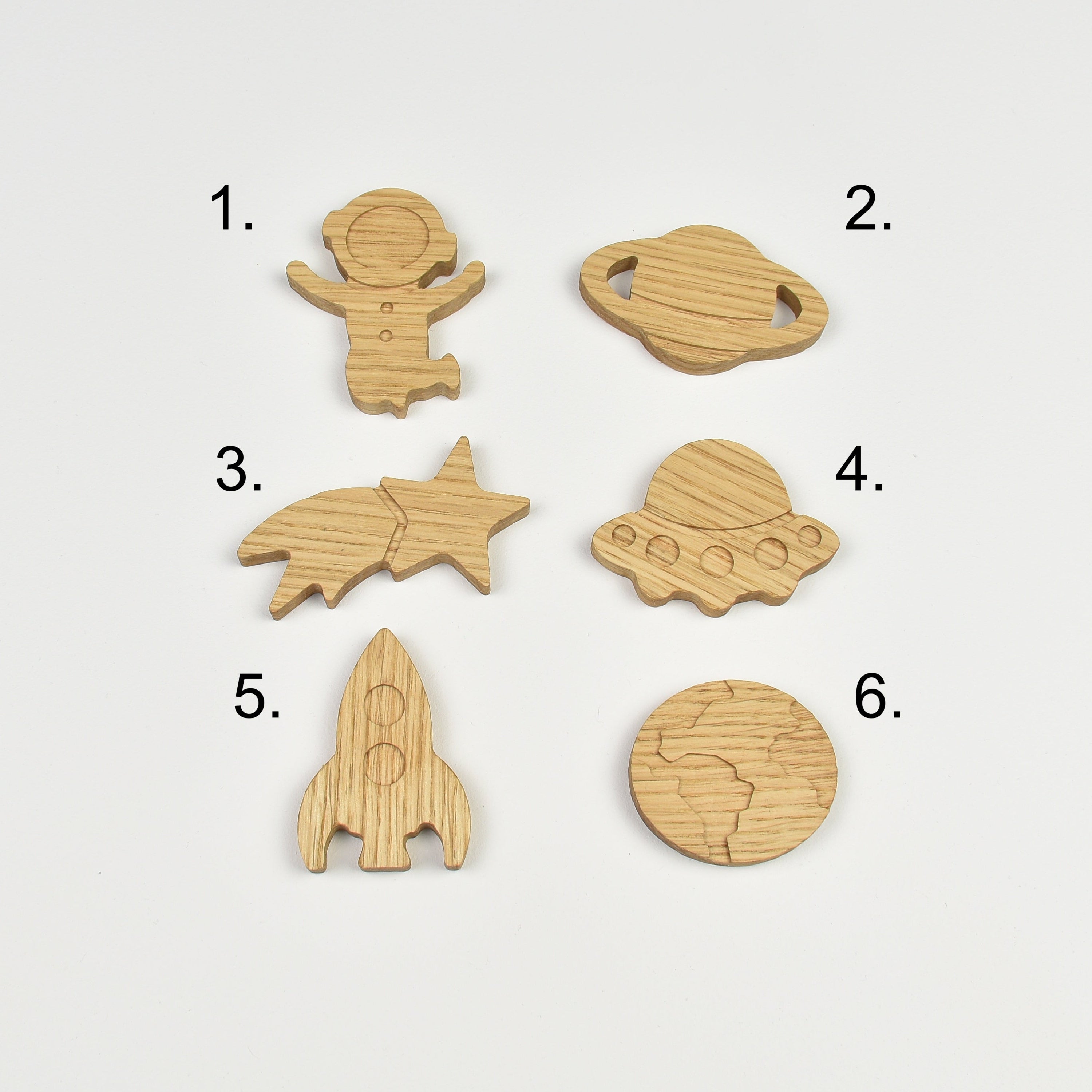 Space drawer knobs - 6 designs numbered reference guide Astronaut Planet Shooting star Alien spaceship Rocket Earth