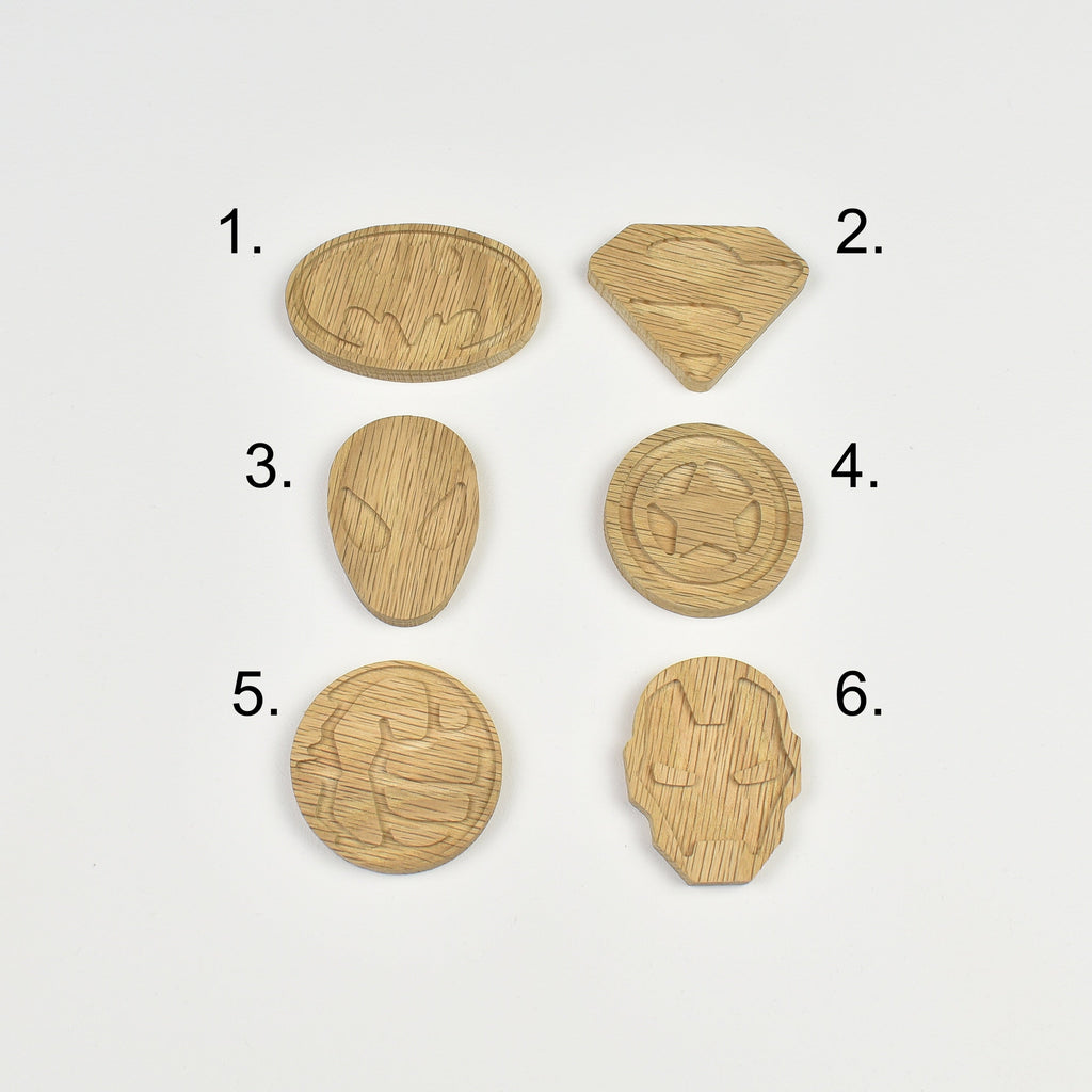 Superhero drawer knobs - 6 designs numbered reference guide Batman Superman Spiderman Captain America Hulk Iron Man