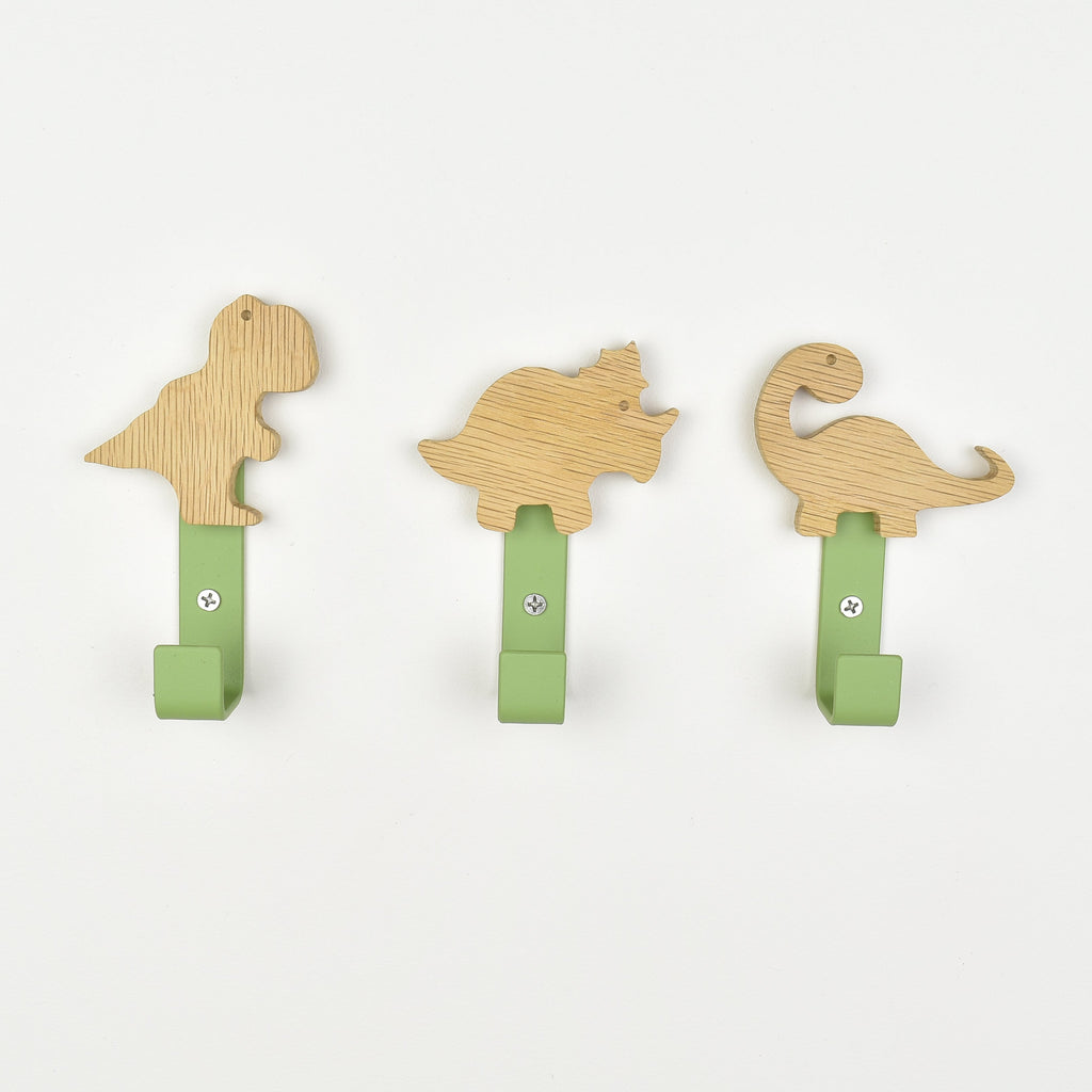 Dinosaur wall hooks front view - T-rex brachiosaurus triceratops wooden hooks for children's room