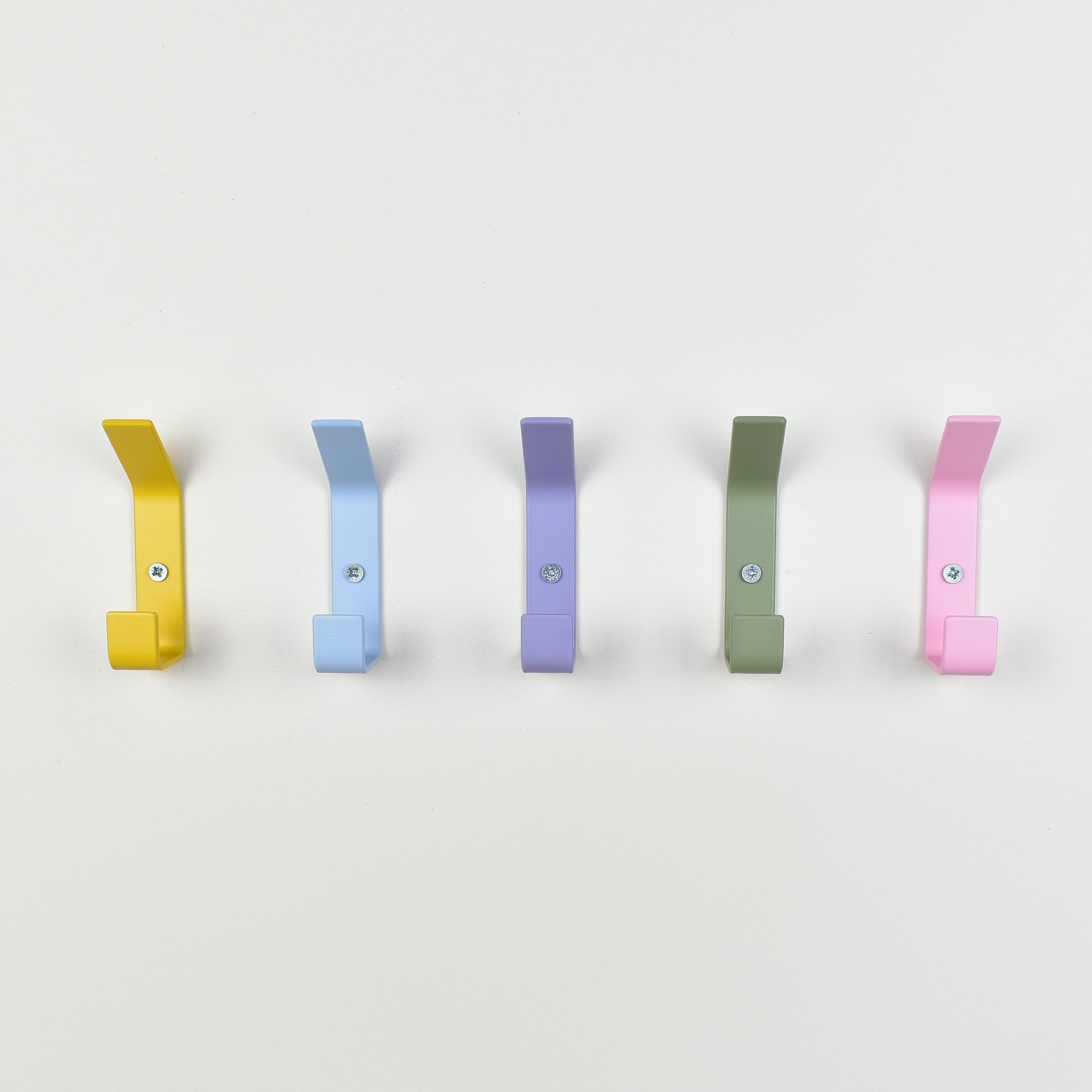 Double colourful wall hooks front view - 5 colours steel coat hooks for kids nursery hallway