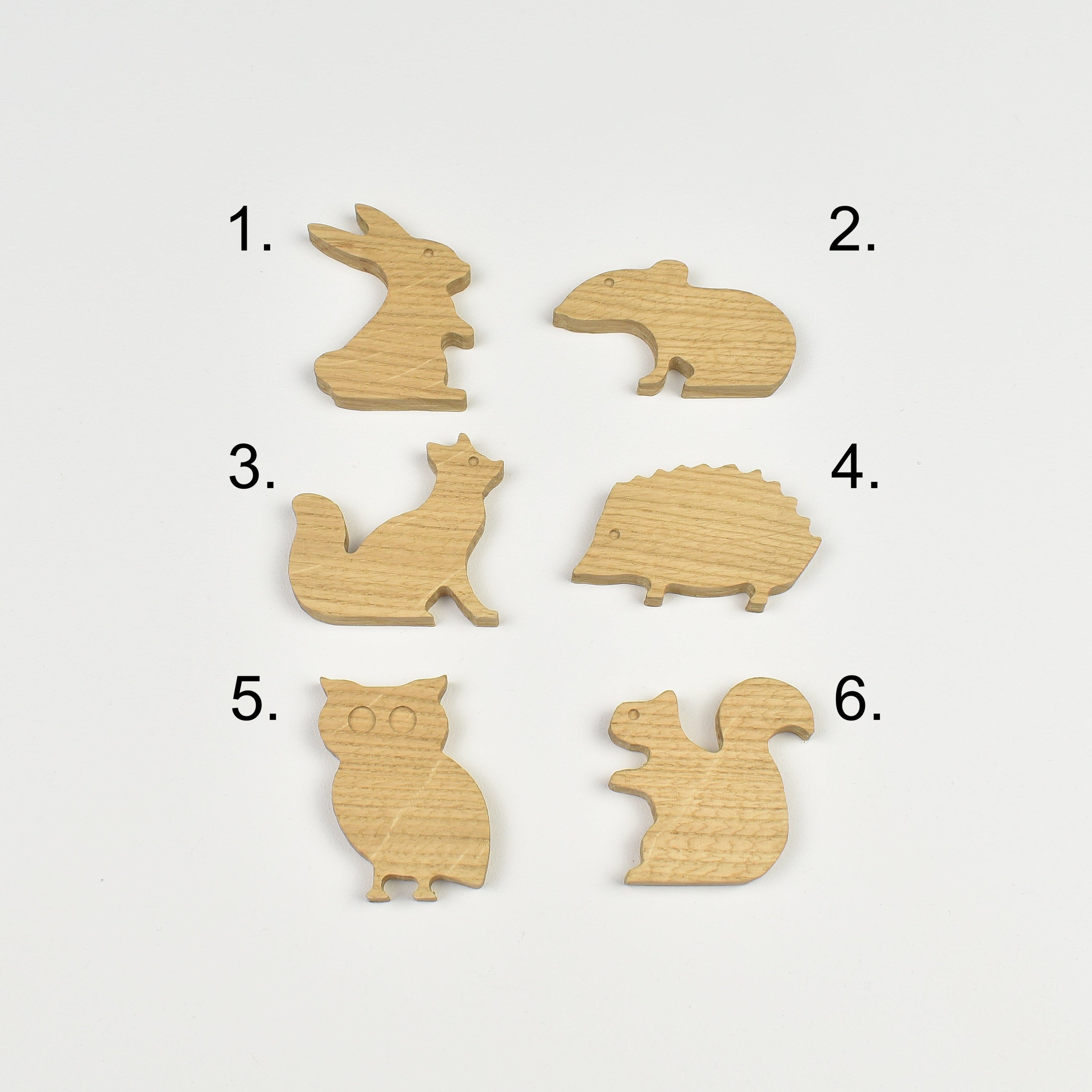 Woodland animal wall hooks - 6 designs numbered reference guide rabbit mouse fox hedgehog owl squirrel 