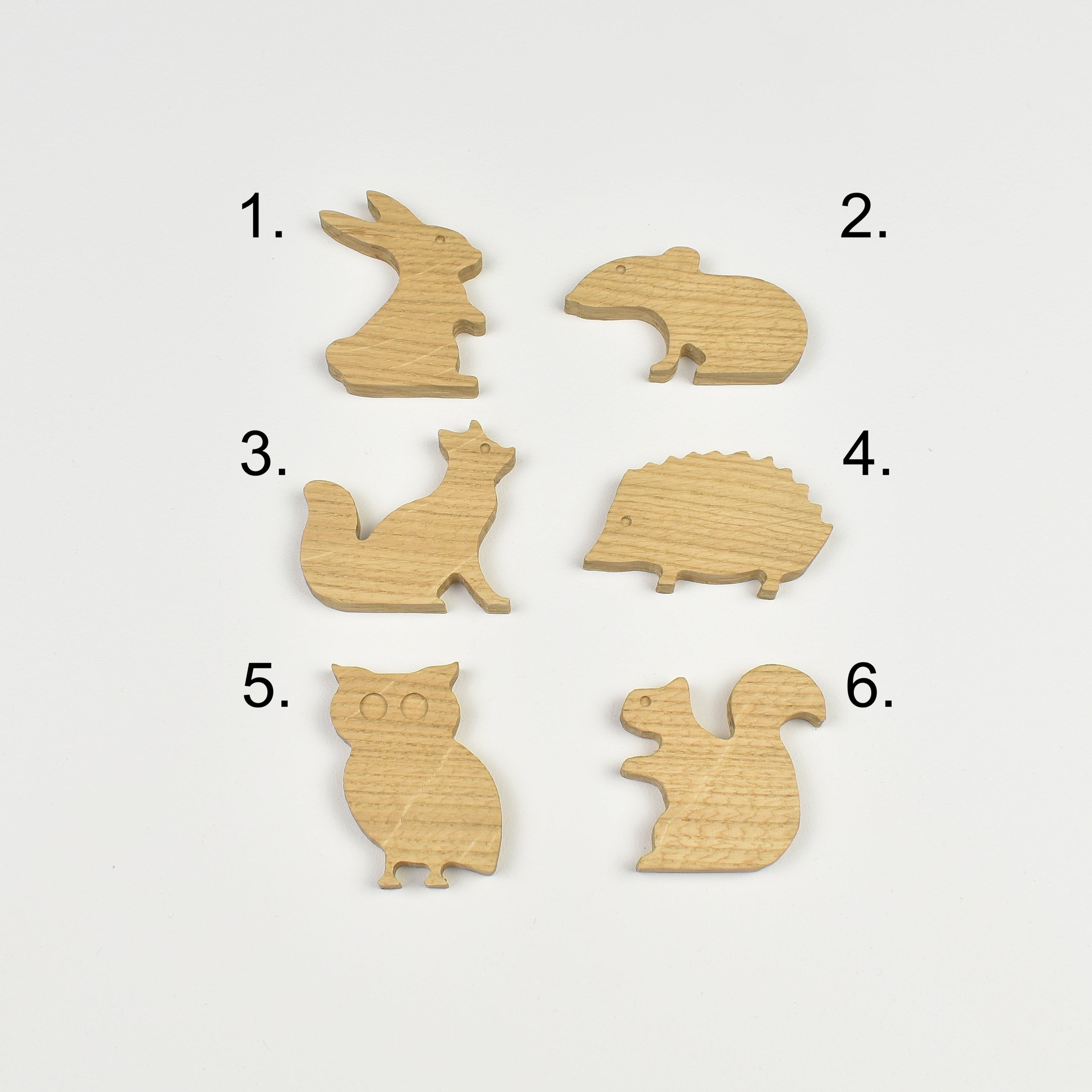 Woodland animal drawer knobs - 6 designs numbered reference guide Rabbit Mouse Fox Hedgehog Owl Squirrel