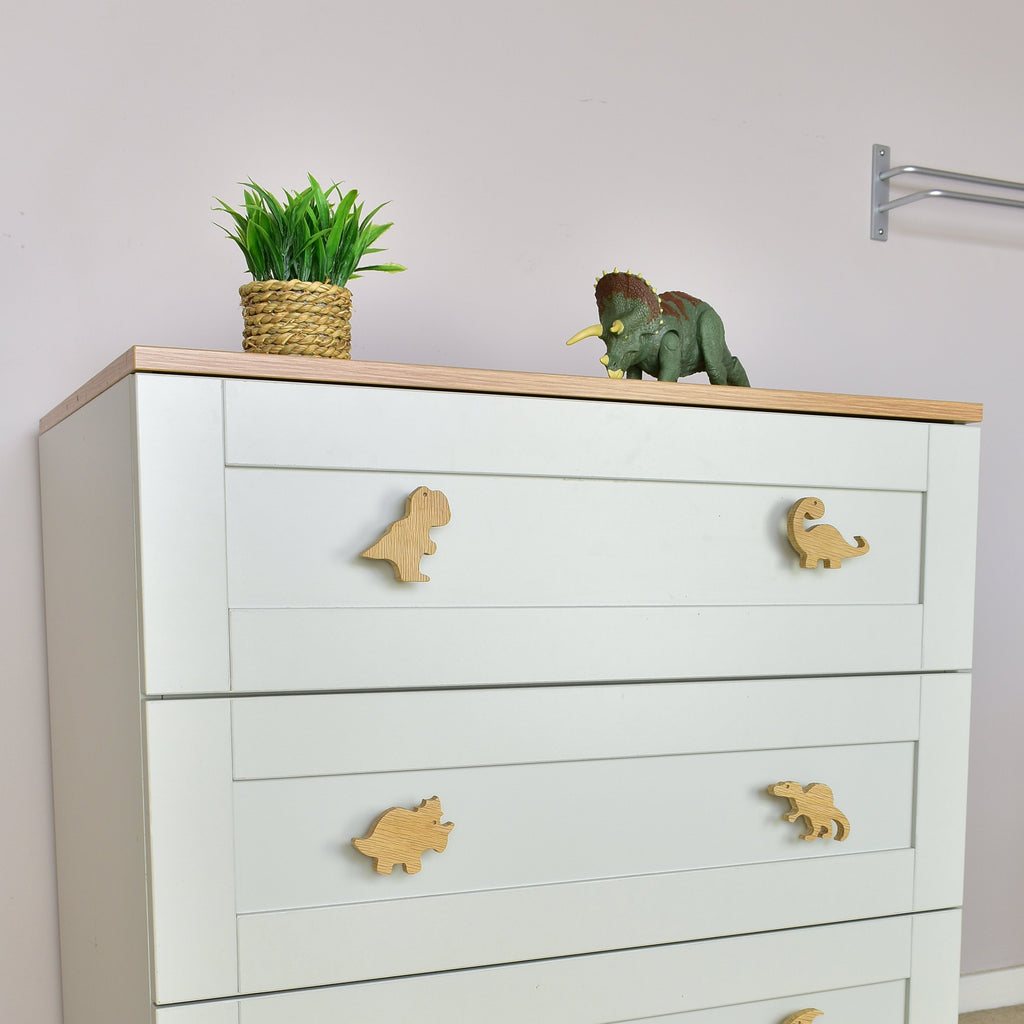Dinosaur drawer knobs left angle - T-rex Brachiosaurus Triceratops Spinosaurus oak handles for kids