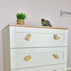 Dinosaur drawer knobs left angle - T-rex Brachiosaurus Triceratops Spinosaurus oak handles for kids