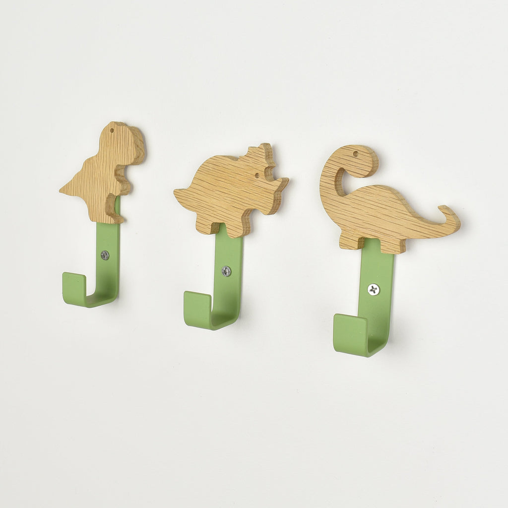 Dinosaur metal wall hooks - T-rex brachiosaurus triceratops oak nursery decor for kids bedroom
