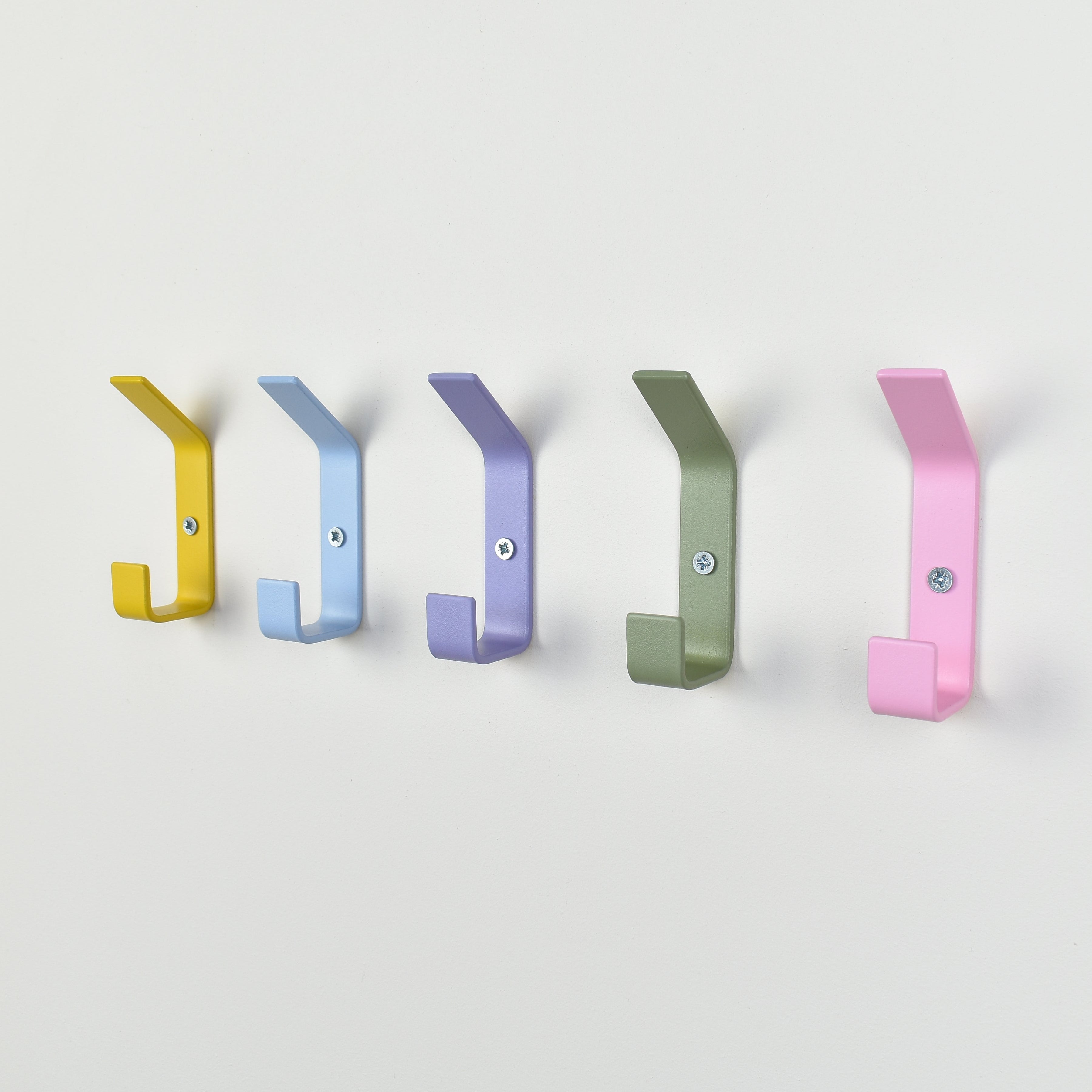 Double colourful wall hooks right view - 5 colours steel coat hooks for kids nursery hallway