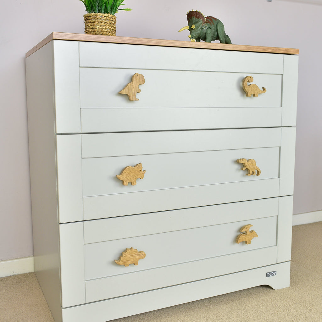Dinosaur drawer knobs left angle - T-rex Brachiosaurus Triceratops Spinosaurus Stegosaurus Pterodactyl oak