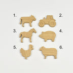 Farmyard theme oak drawer handles design chart - numbered selection guide cow tractor horse pig chicken sheep choose your design