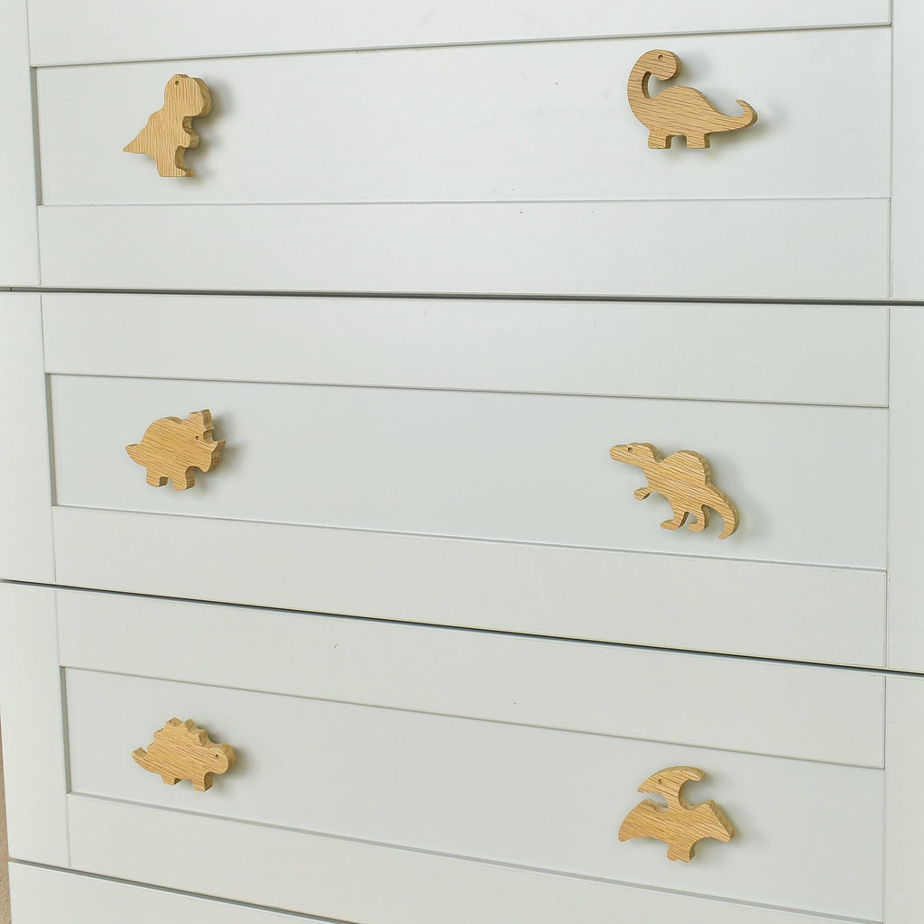 Dinosaur drawer knobs close-up right angle - T-rex Brachiosaurus Triceratops Spinosaurus Stegosaurus Pterodactyl