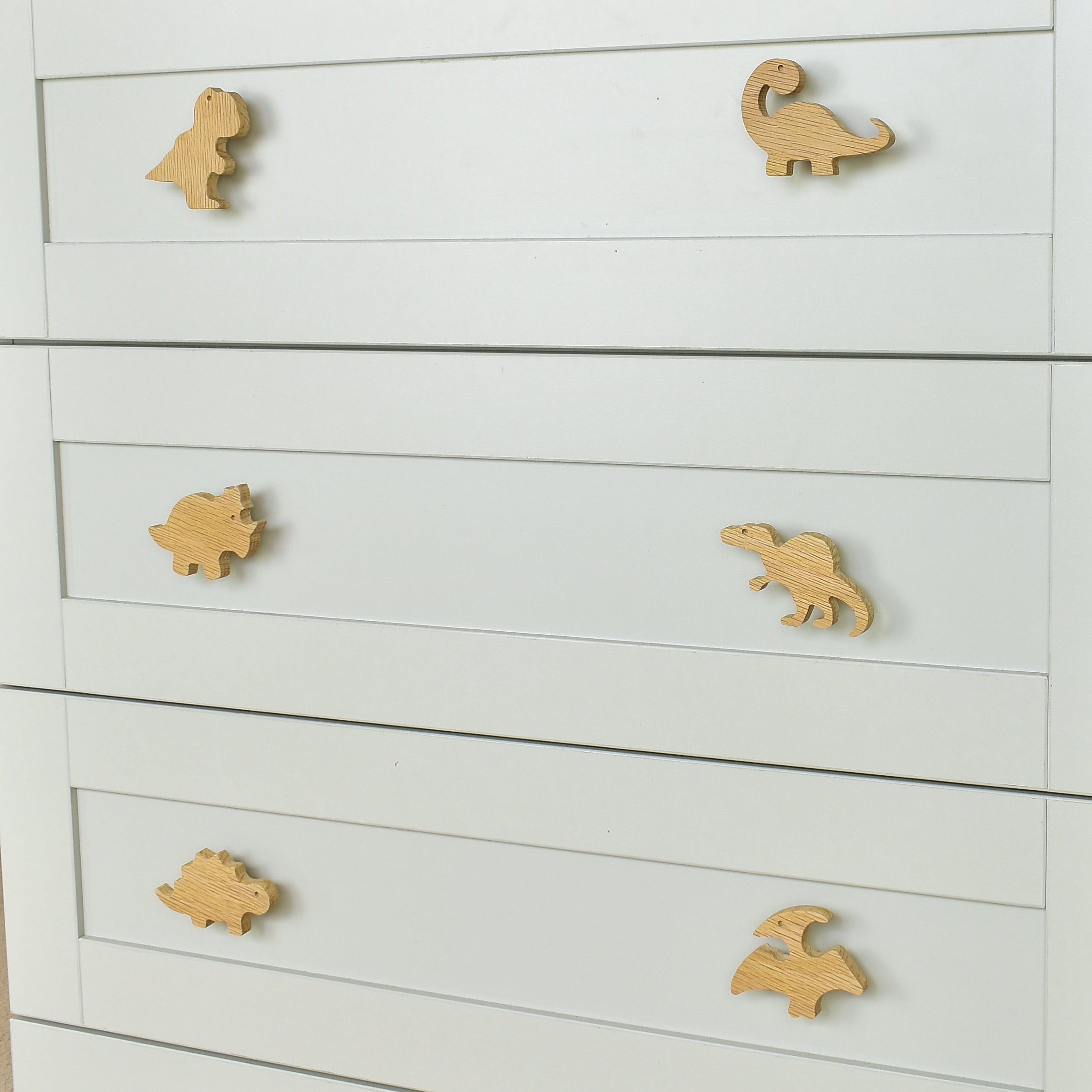 Dinosaur drawer knobs close-up right angle - T-rex Brachiosaurus Triceratops Spinosaurus Stegosaurus Pterodactyl