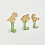 Dinosaur wall hooks side angle - t-rex brachiosaurus triceratops  oak bedroom decor