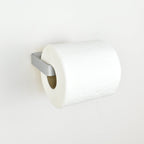 Metallic silver metal toilet paper holder left view showing toilet roll in place