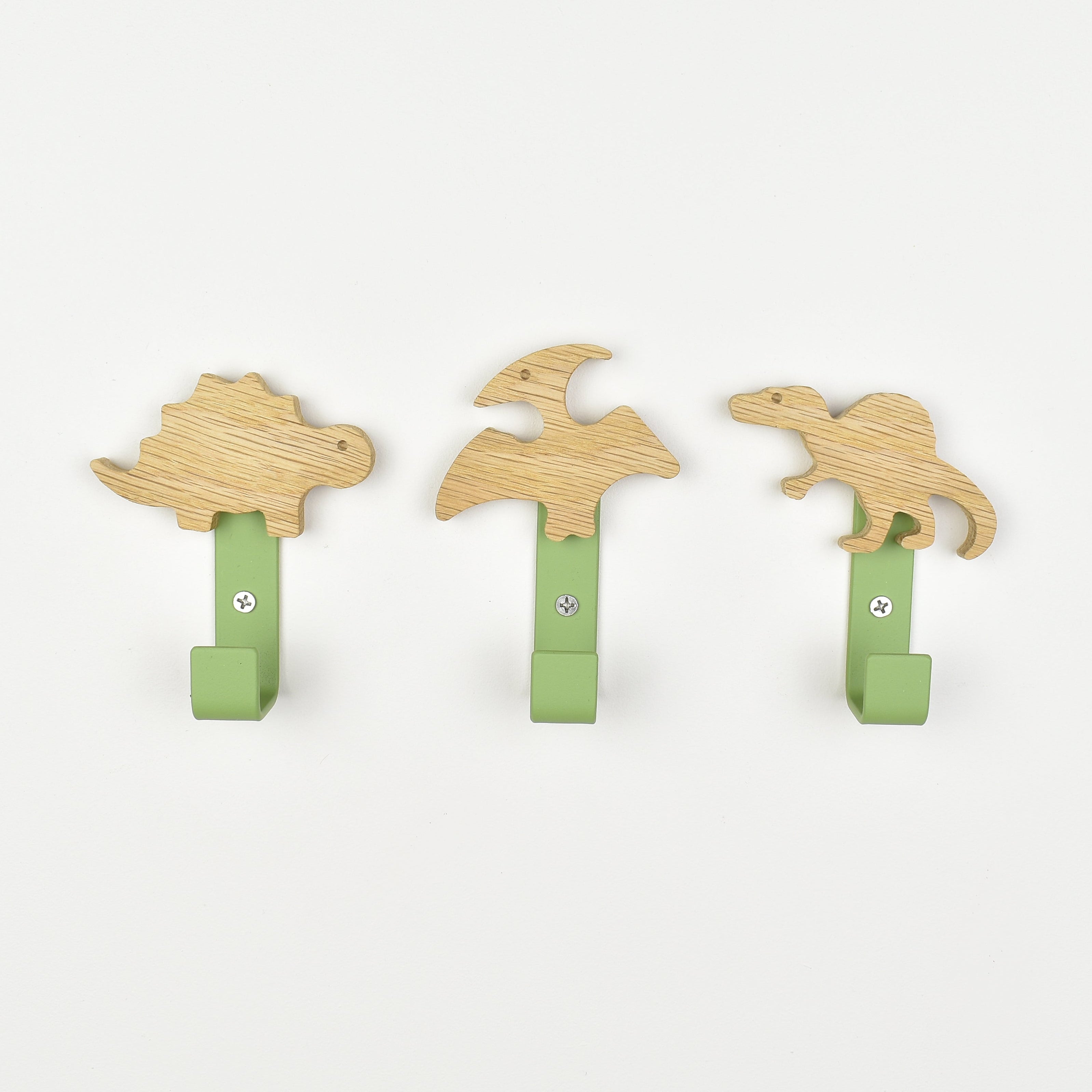 Dinosaur metal wall hooks front view - Spinosaurus Stegosaurus Pterodactyl wooden children's bedroom hooks