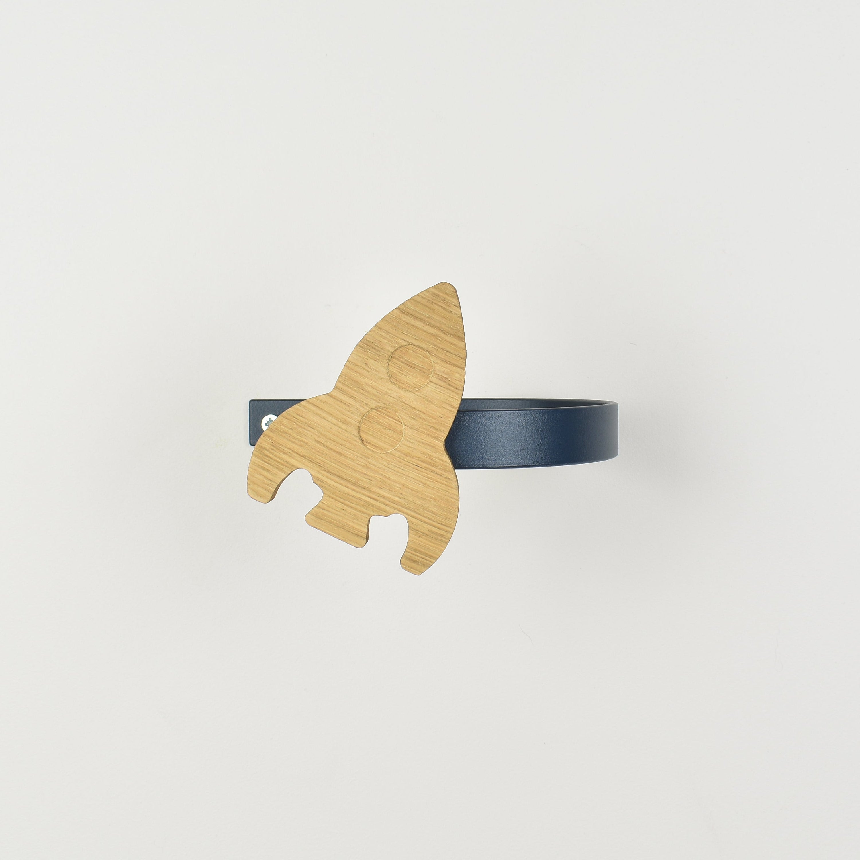Space curtain tieback front view - Rocket oak tieback for kids