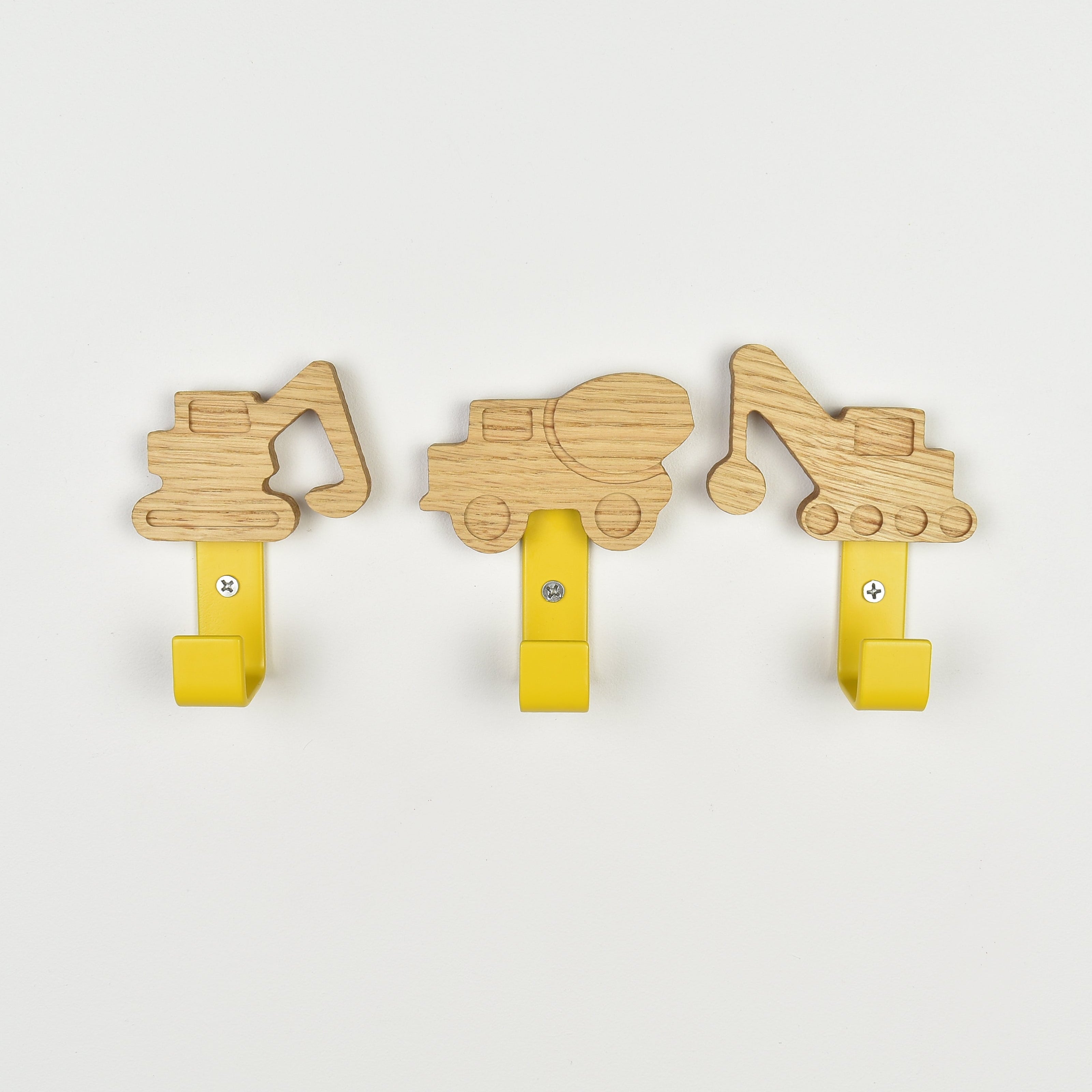 Construction vehicle wall hooks front view - excavator cement lorry crain wooden children's bedroom hooks
