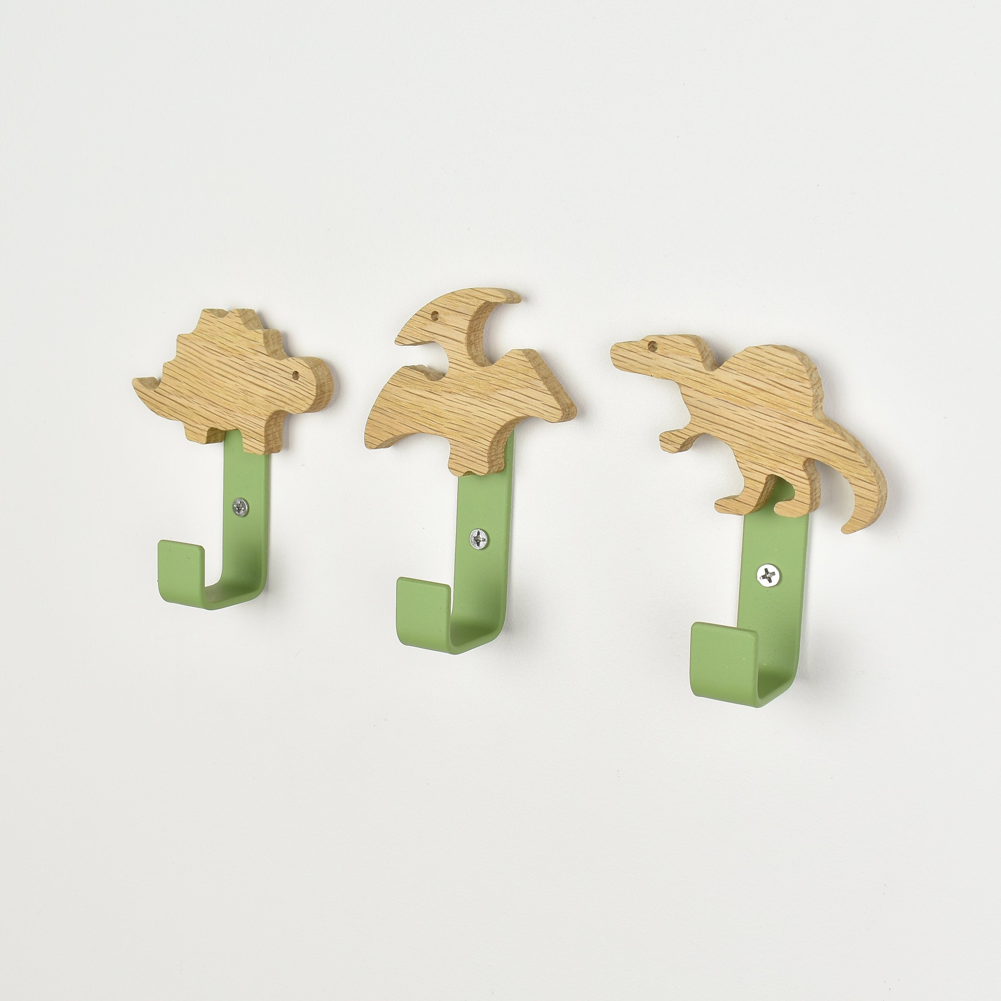 Dinosaur steel wall hooks - Spinosaurus Stegosaurus Pterodactyl oak nursery hooks for kids