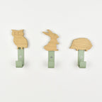 Woodland animal wall hooks front view - owl rabbit hedgehog wooden hooks for children's room