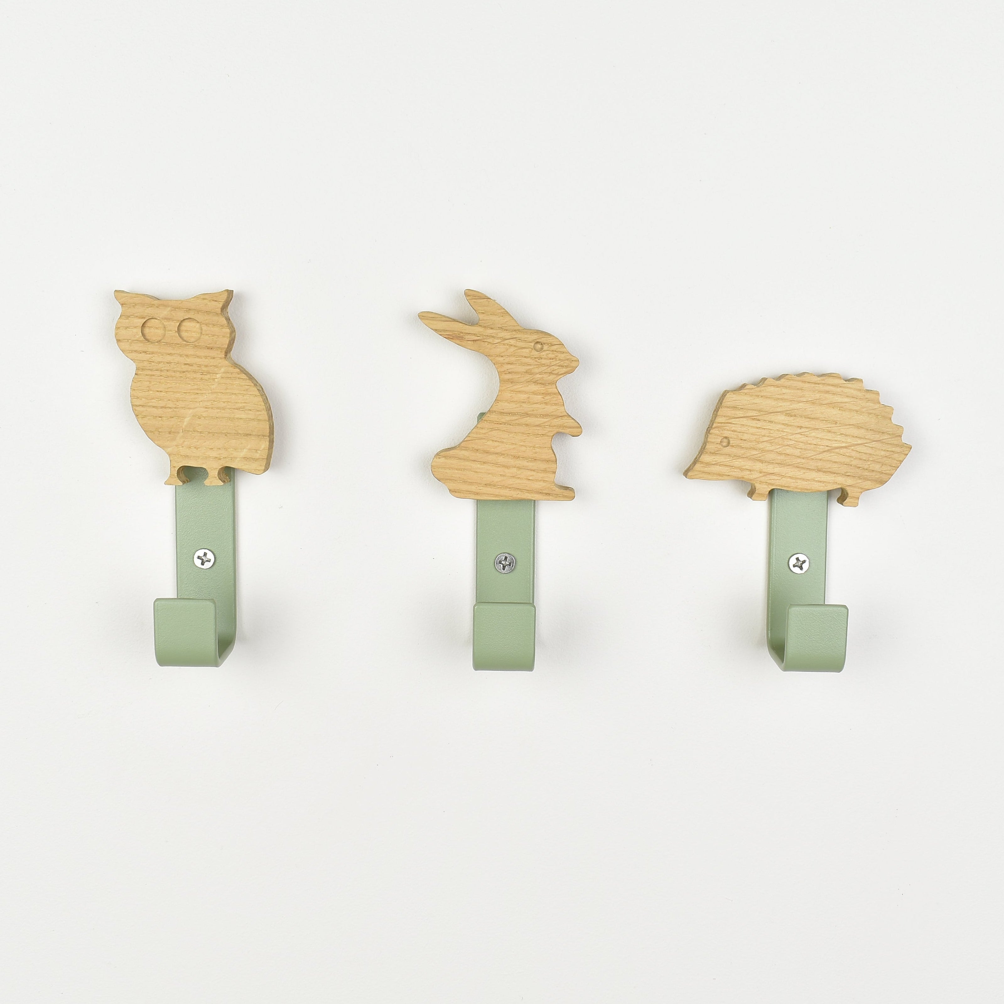 Woodland animal wall hooks front view - owl rabbit hedgehog wooden hooks for children's room