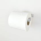 Metallic silver steel toilet paper holder right view showing toilet paper roll 