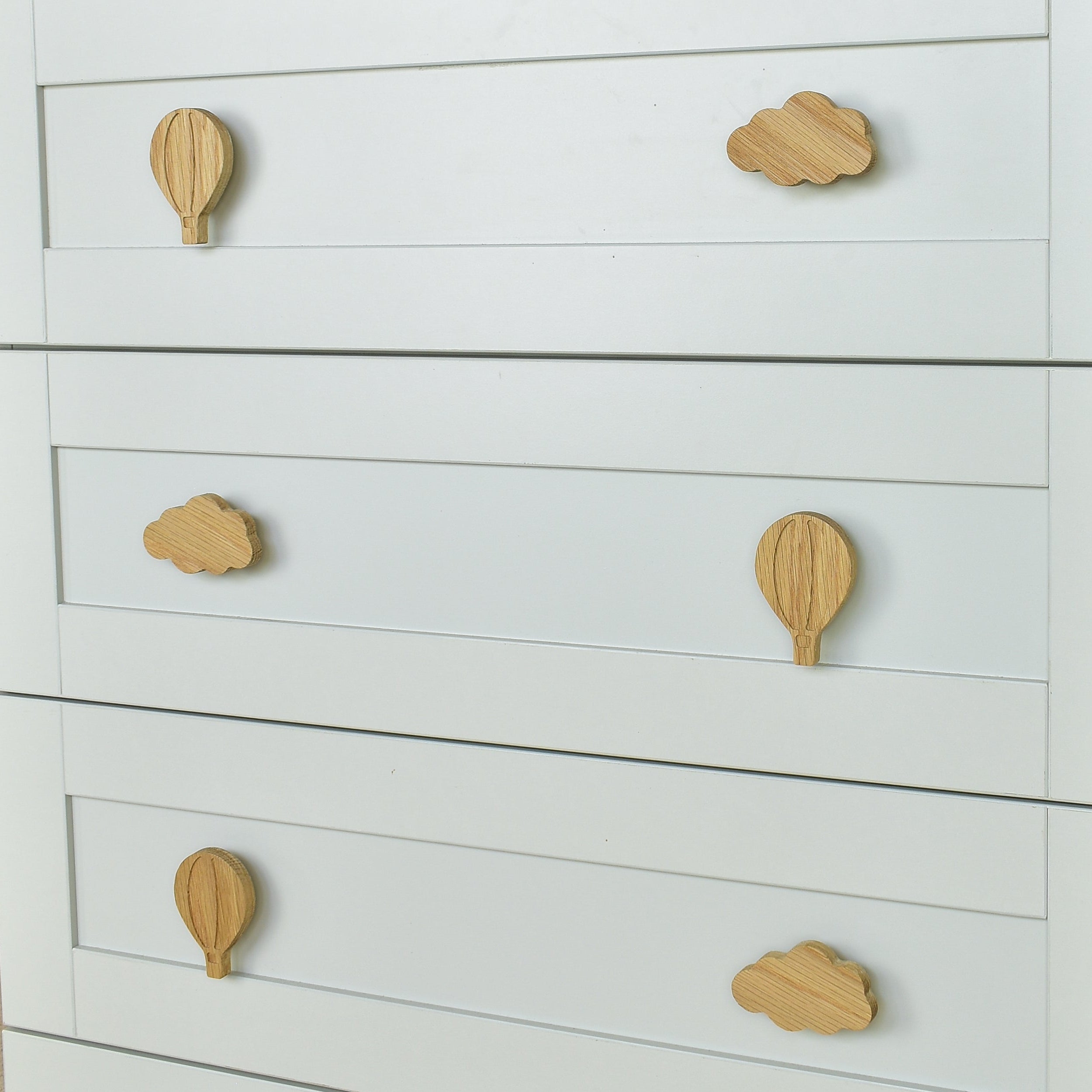 Adventure awaits oak drawer handles left view - hot air balloon cloud kids nursery decor