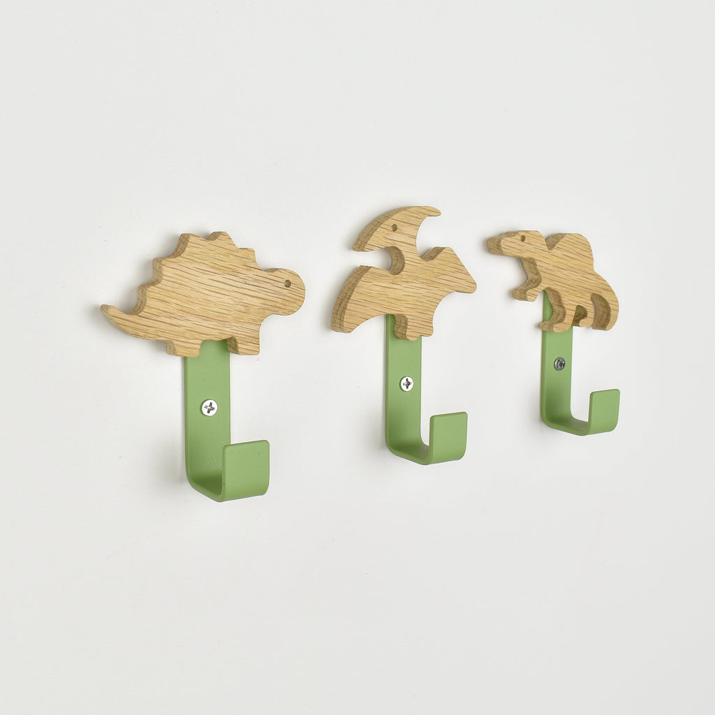 Dinosaur wall hooks side angle -  Spinosaurus Stegosaurus Pterodactyl oak nursery decor
